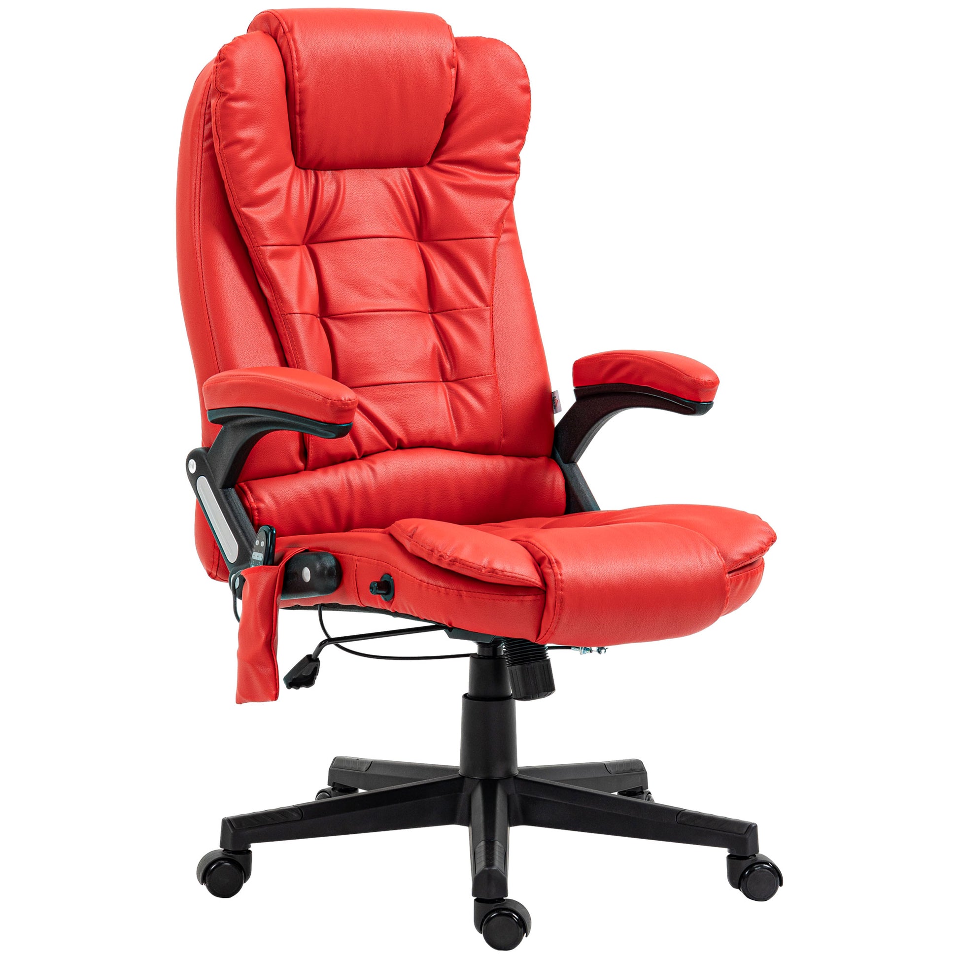 Red executive office chair with padded headrest and quilted backrest