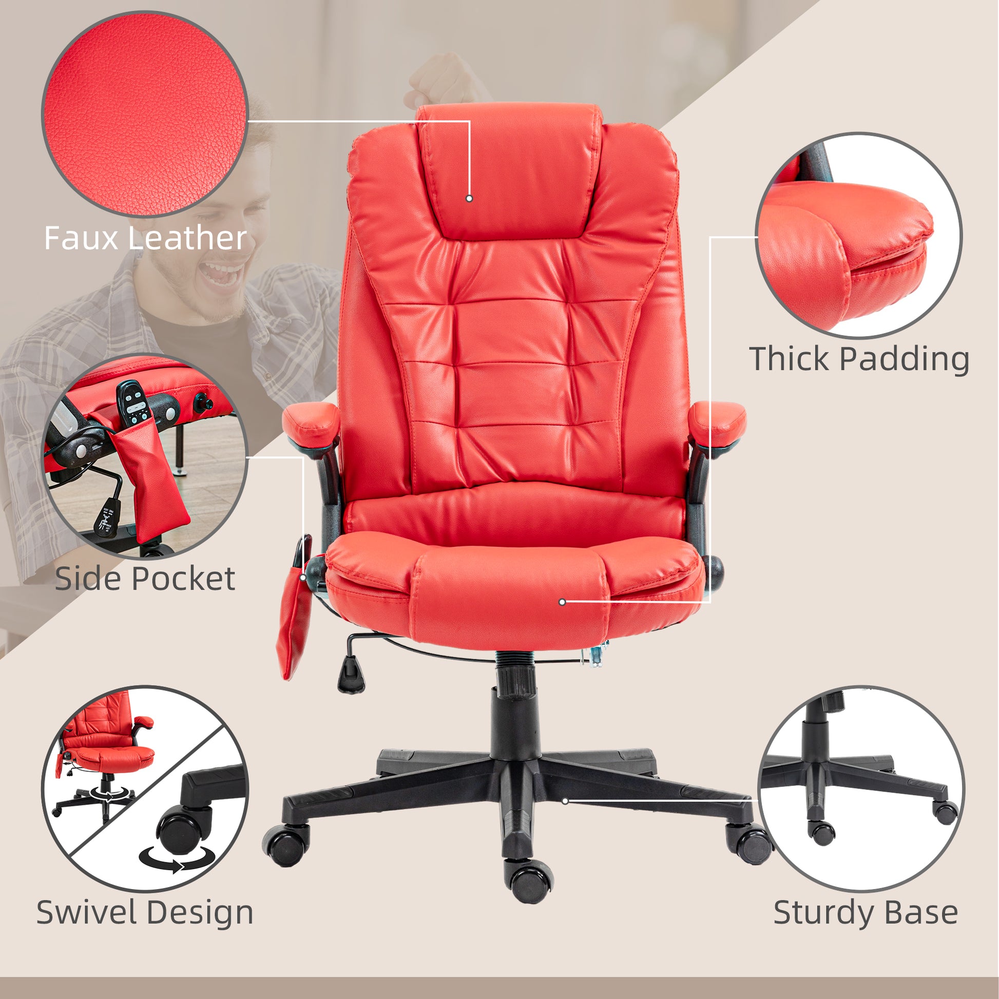 Red faux leather office chair with thick padding and swivel design
