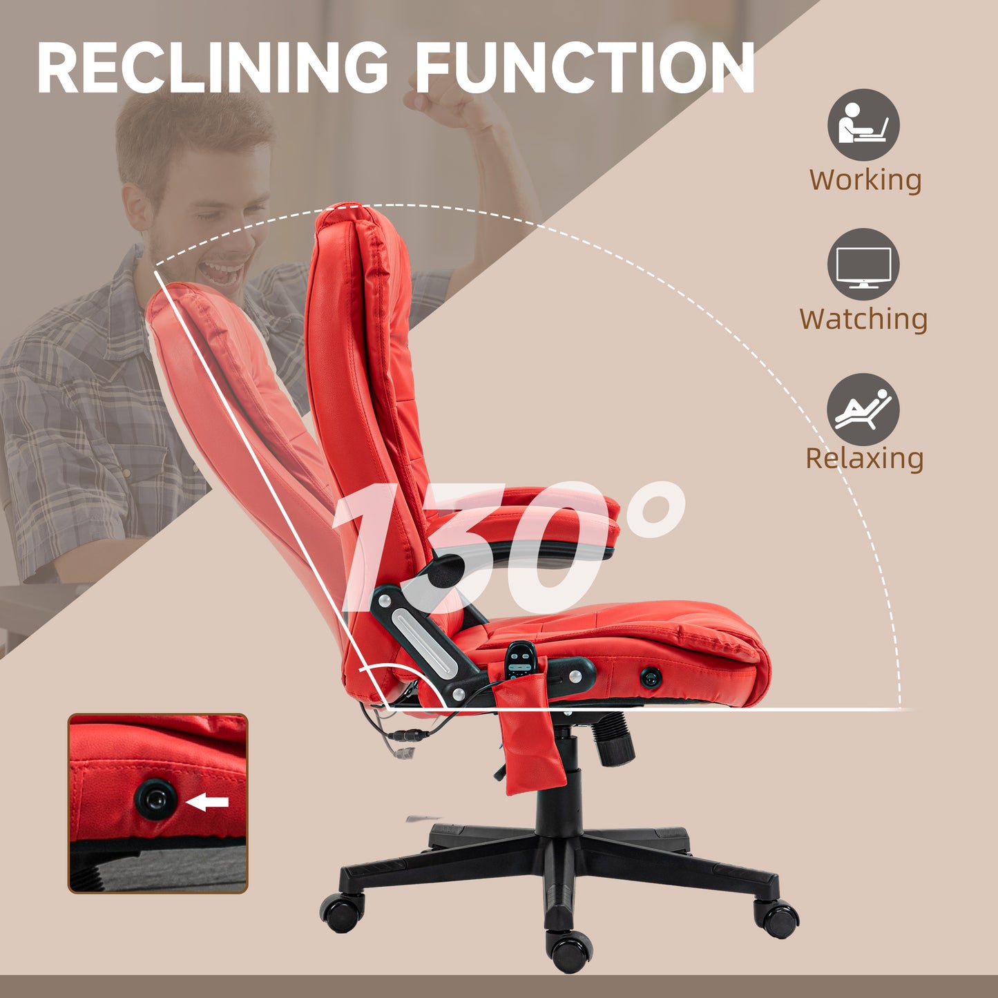 Red ergonomic gaming chair with a degree reclining function