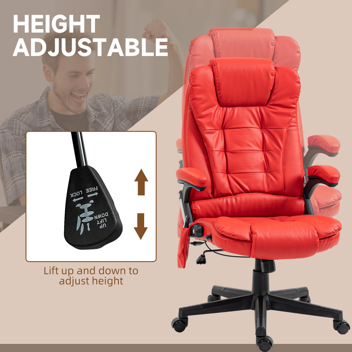 Red leather executive chair with adjustable height lever