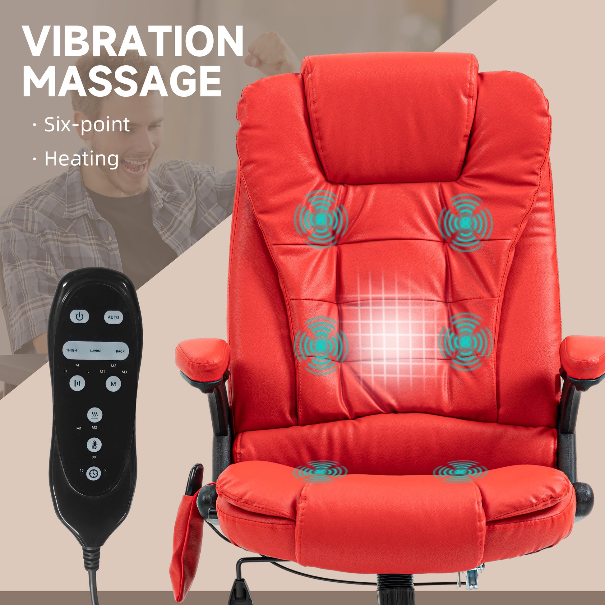 Red faux leather office chair with sixpoint vibration massage function