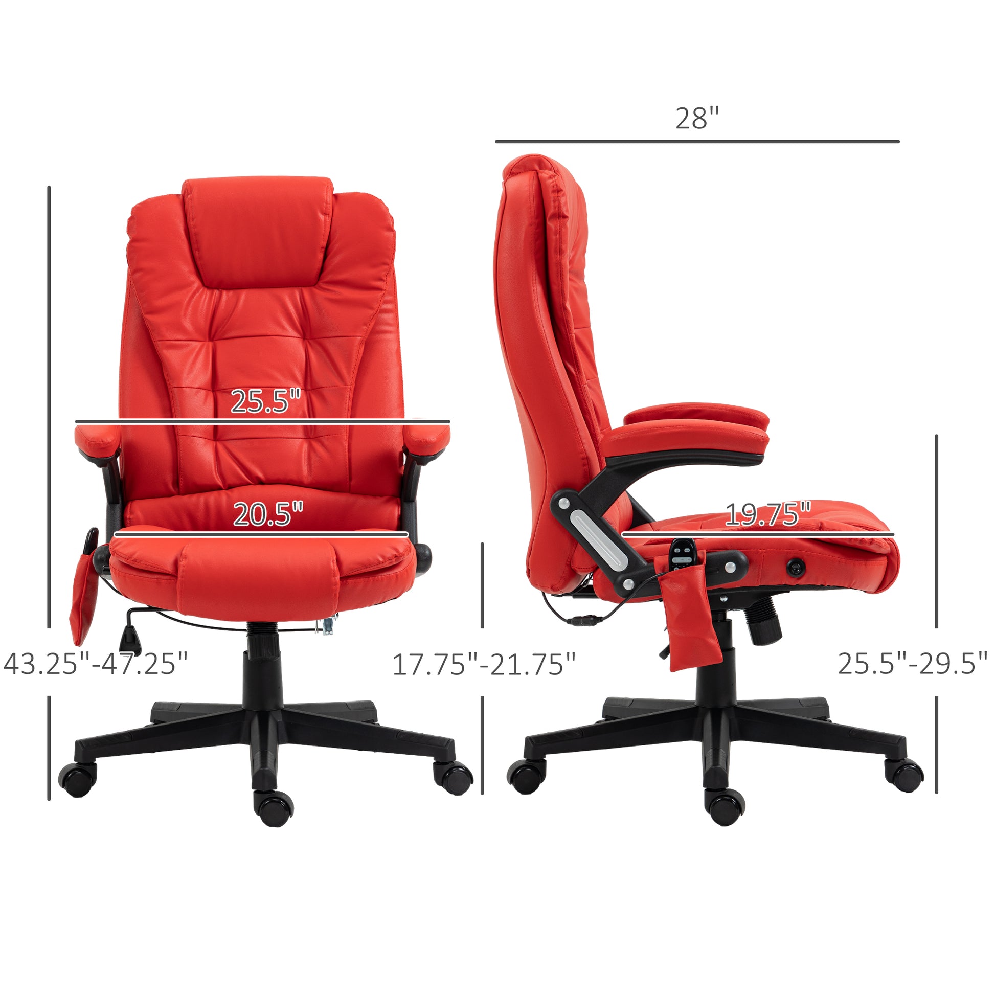 Red leather office chair front and side view with dimensions labelled