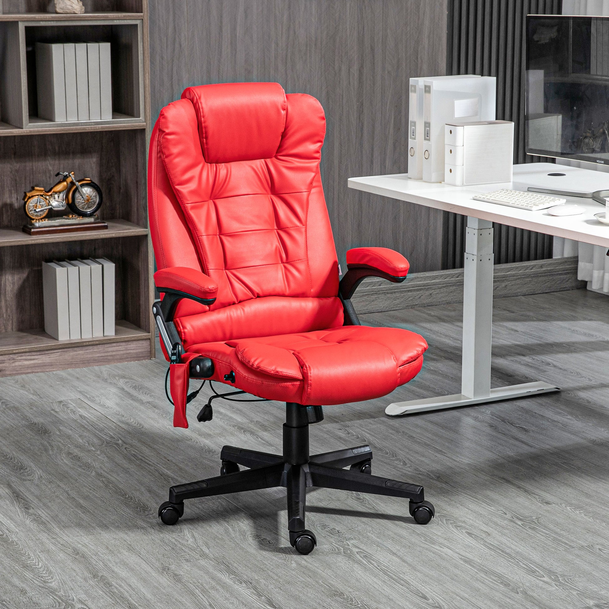 Ergonomic red faux leather office chair with lumbar support and padded headrest