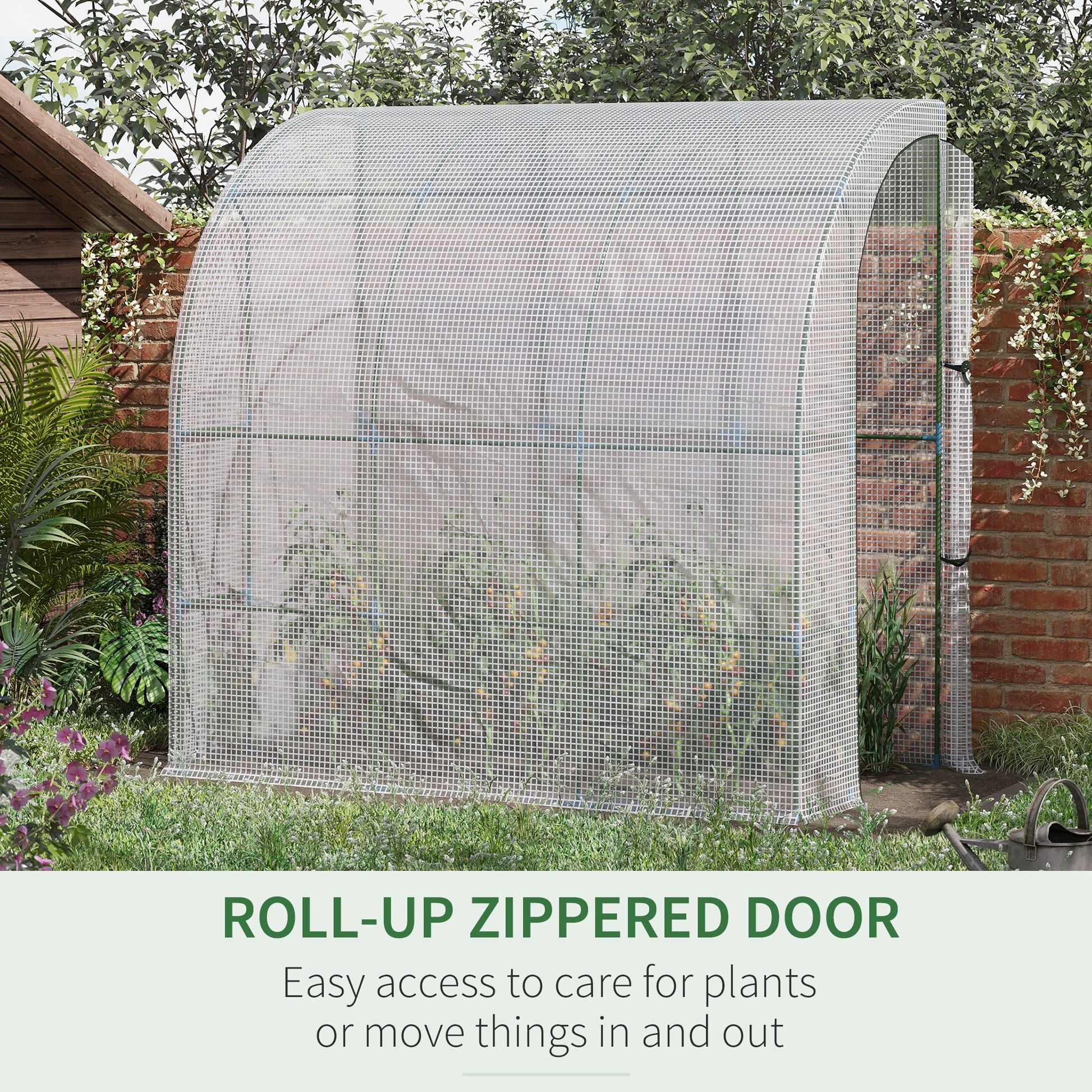 White mesh greenhouse with rollup zippered door for easy plant access