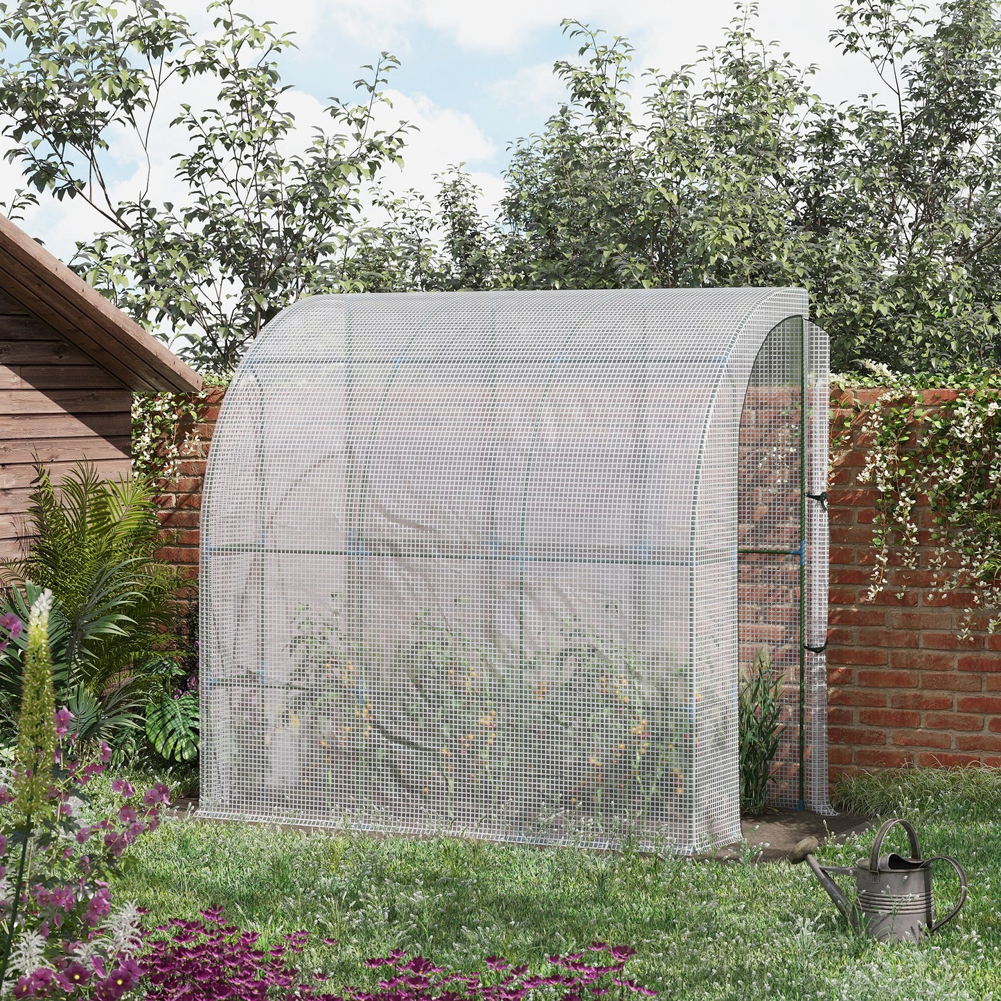 Arched walkin greenhouse with white PE cover ideal for protecting plants
