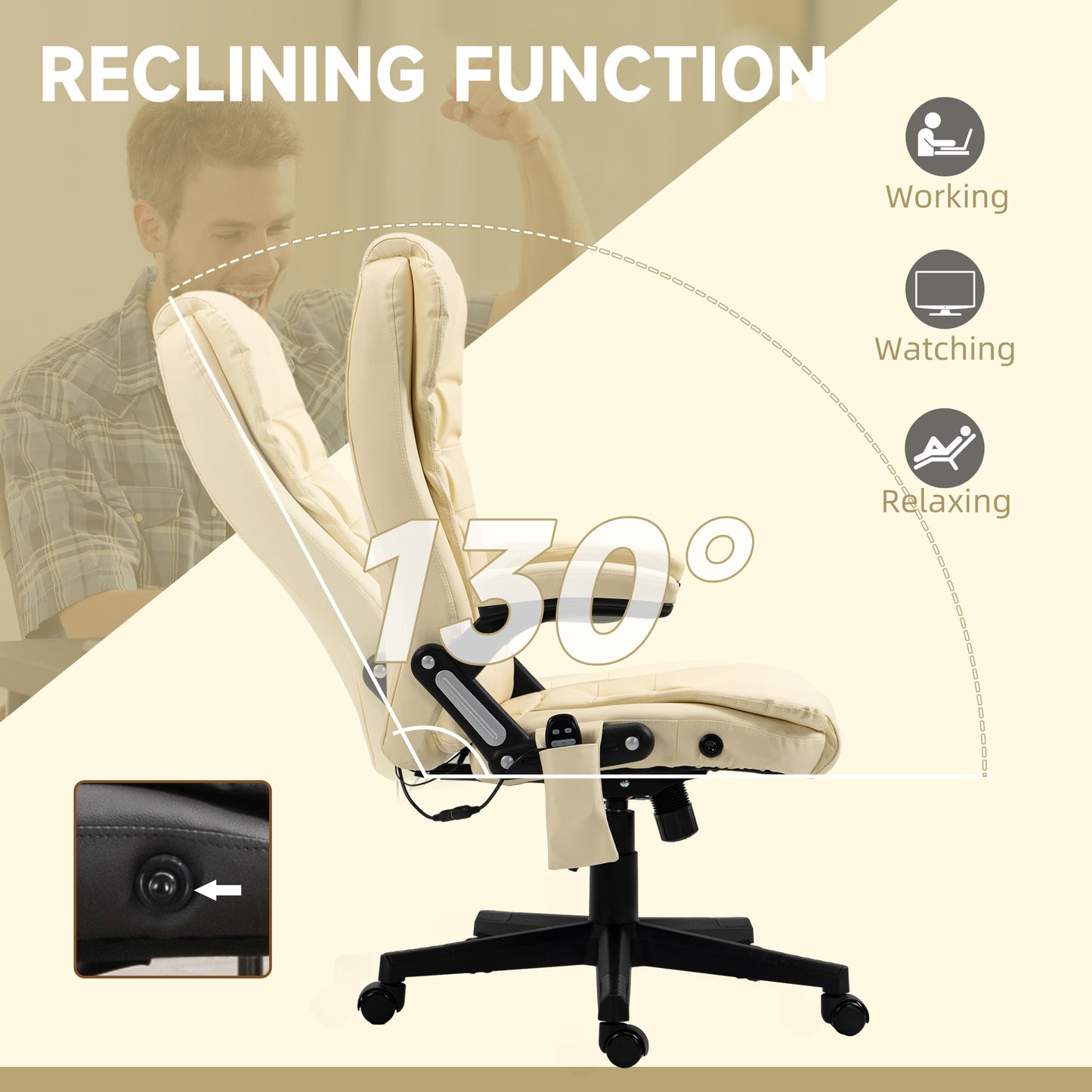 Cream faux leather office chair with adjustable reclining function up to  degrees