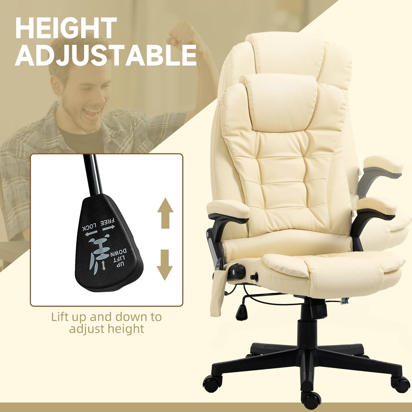 Cream faux leather executive chair with height adjustment lever