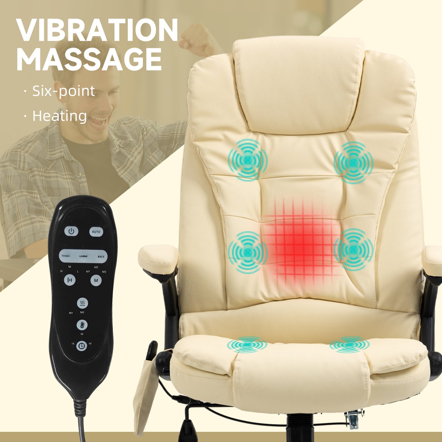 Cream leather massage office chair with six vibration points and heating function