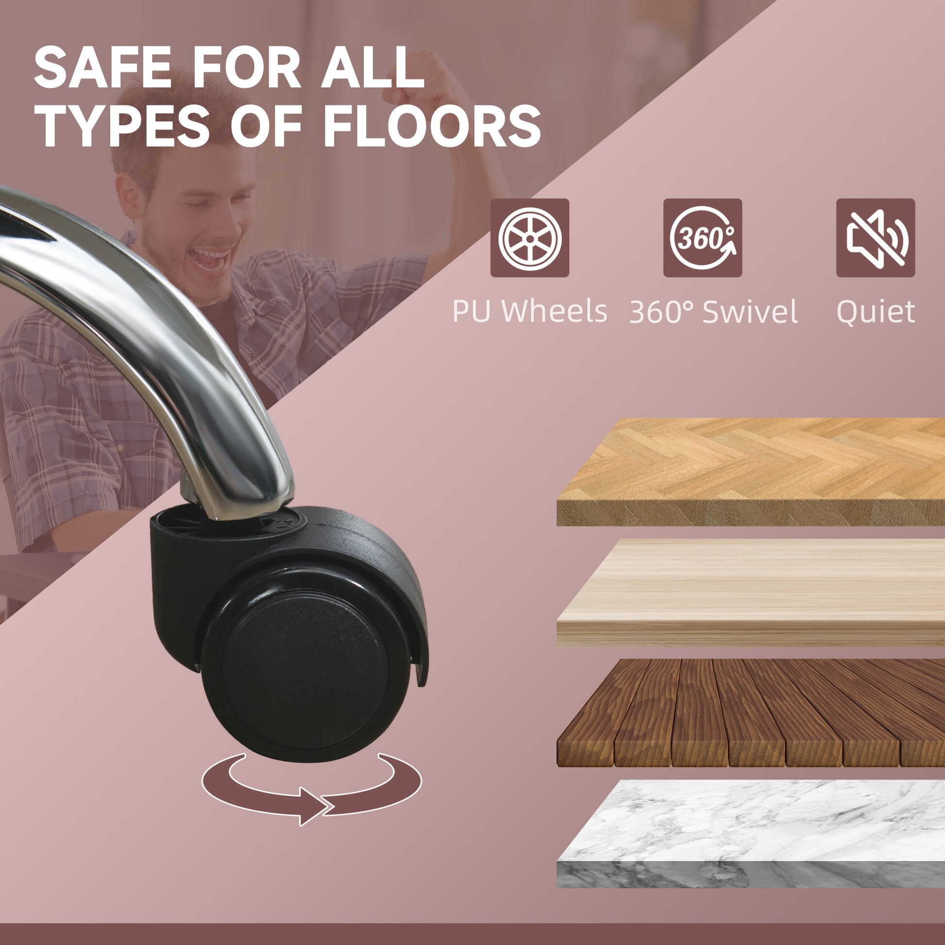 Office chair PU wheels with degree swivel and quiet operation safe for all floor types