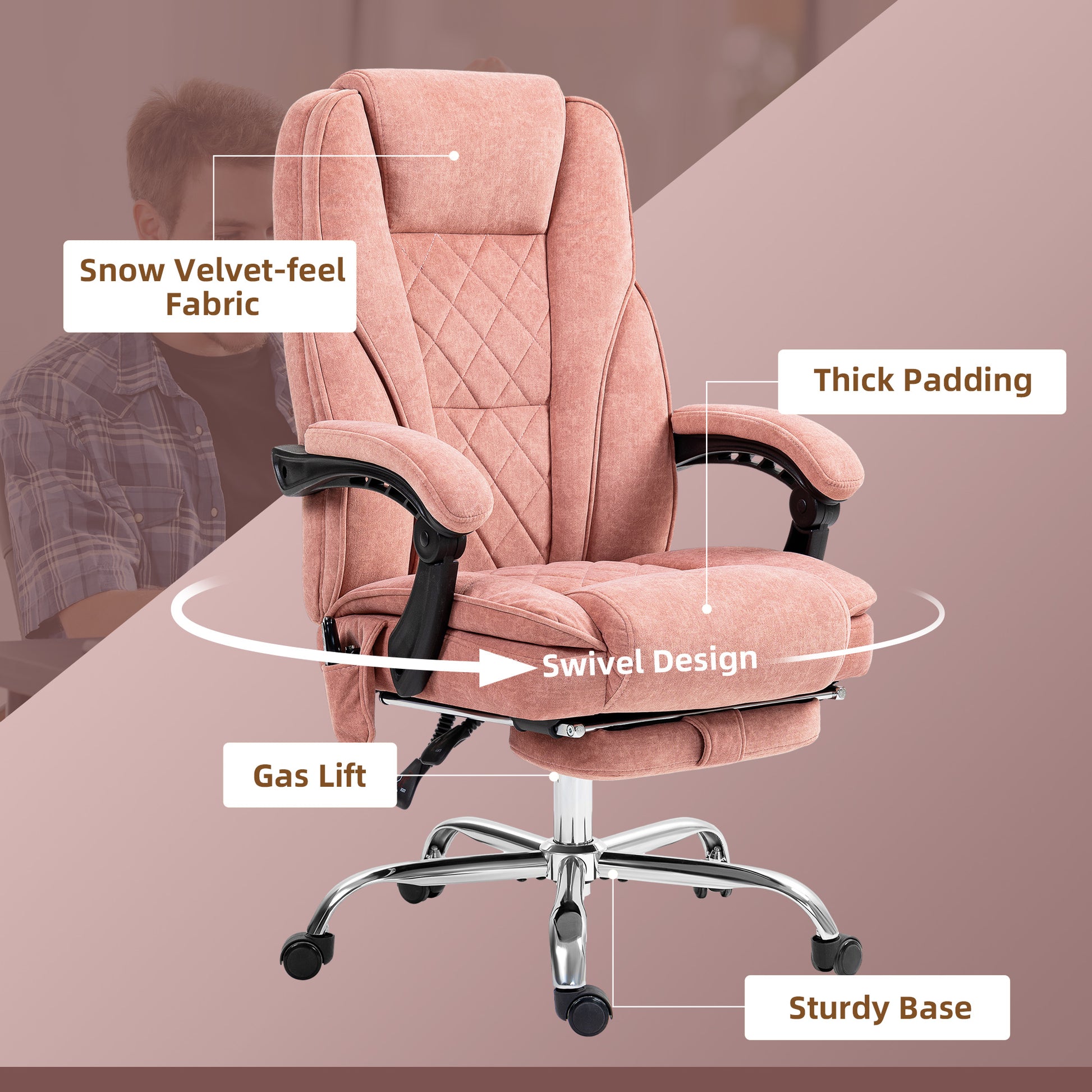 Pink velvet office chair with diamond quilting and plush cushioning for comfort