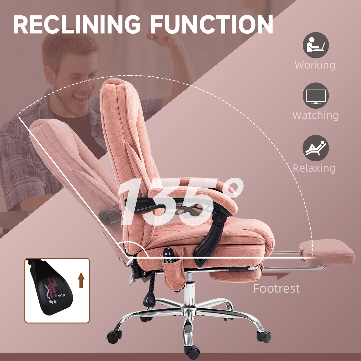 Pink upholstered office chair with reclining function footrest and ergonomic design