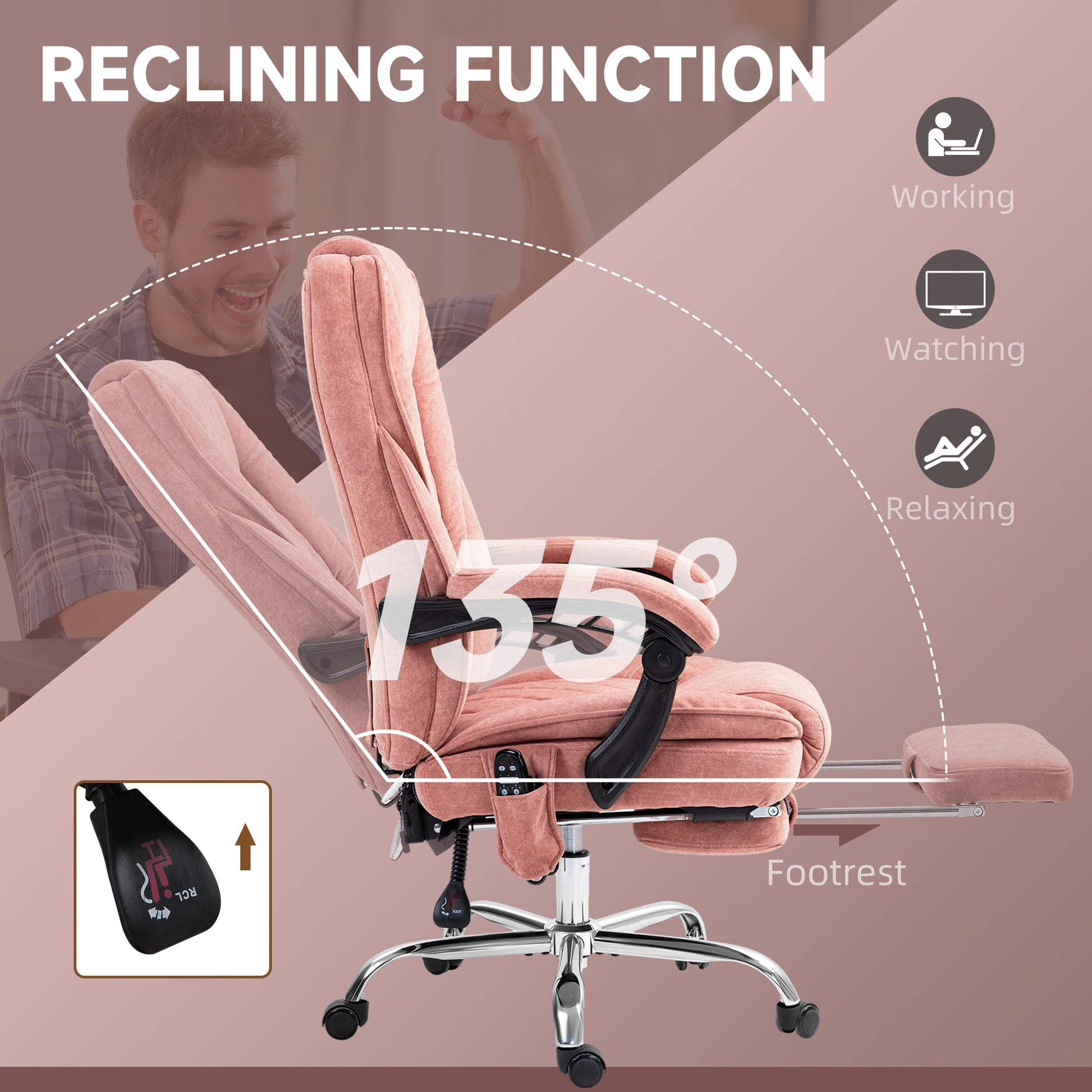 Pink upholstered office chair with reclining function footrest and ergonomic design