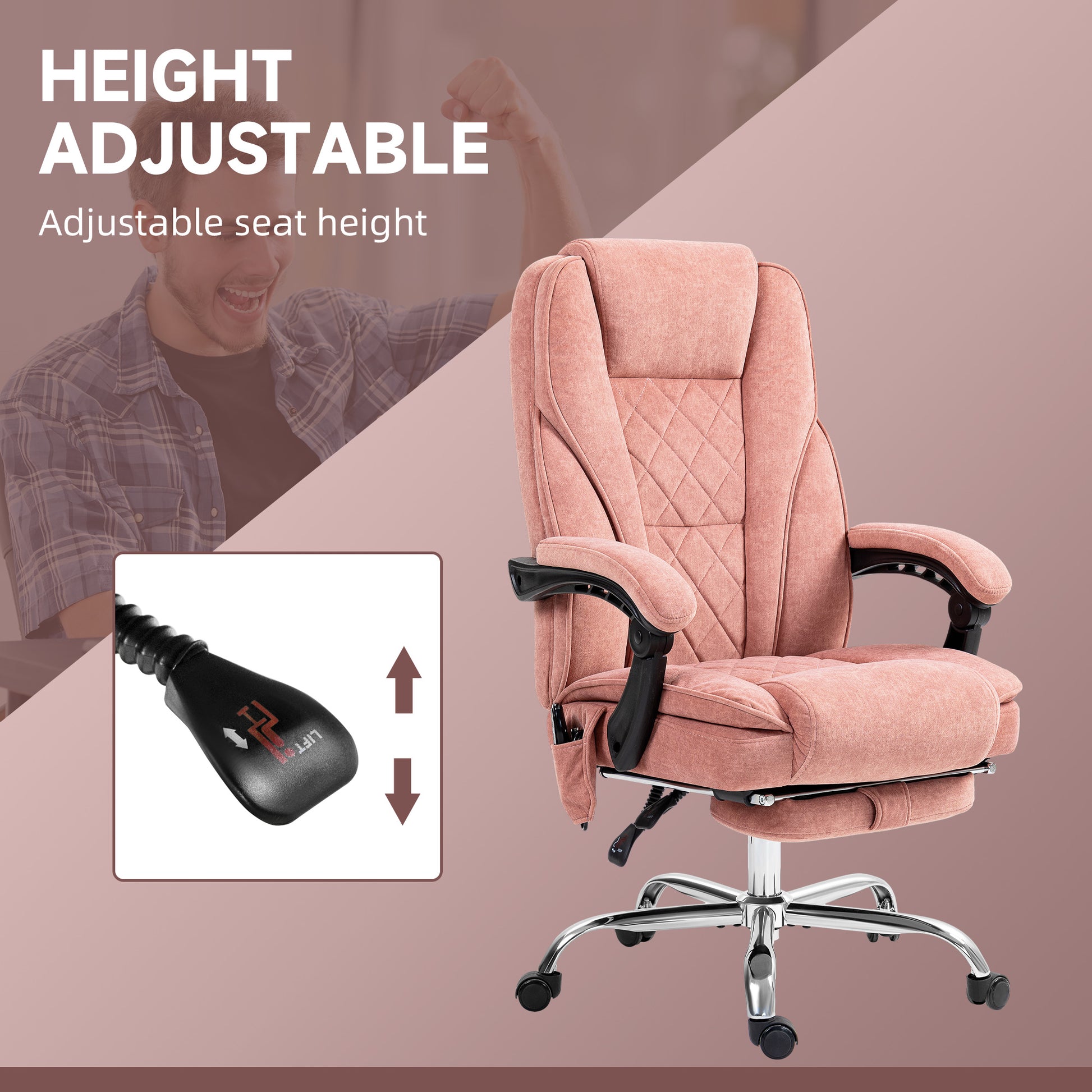 Pink velvet ergonomic office chair with adjustable seat height and footrest