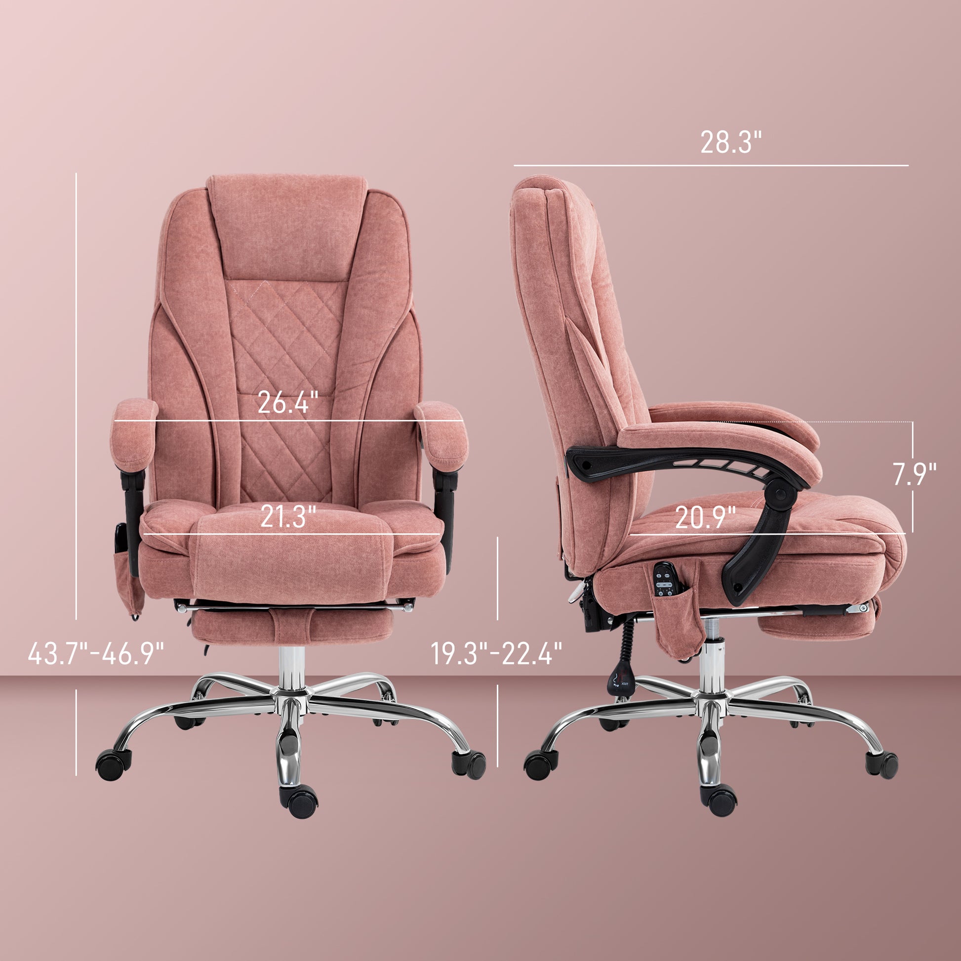 Dusty rose office chair with plush cushioning diamond stitching and retractable footrest