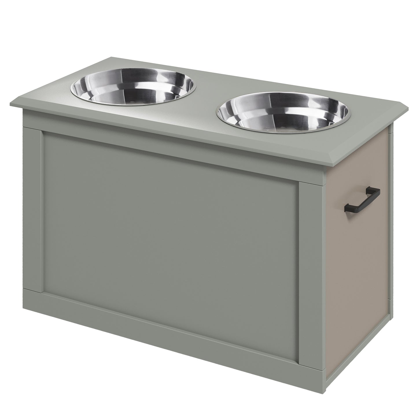 Grey wooden raised dog feeder with two stainless steel bowls