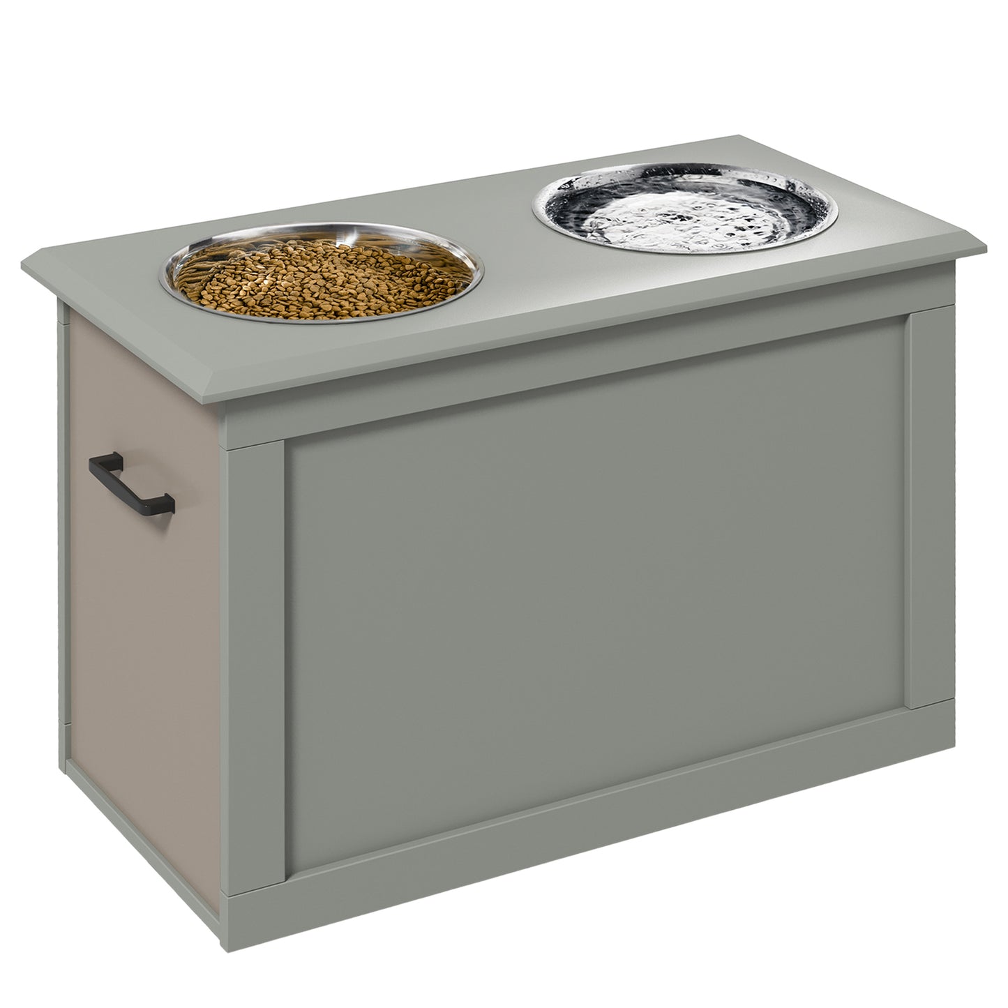 Gray wooden elevated dog feeder with two stainless steel bowls one filled with kibble