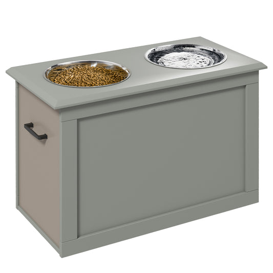 Gray wooden elevated dog feeder with two stainless steel bowls one filled with kibble