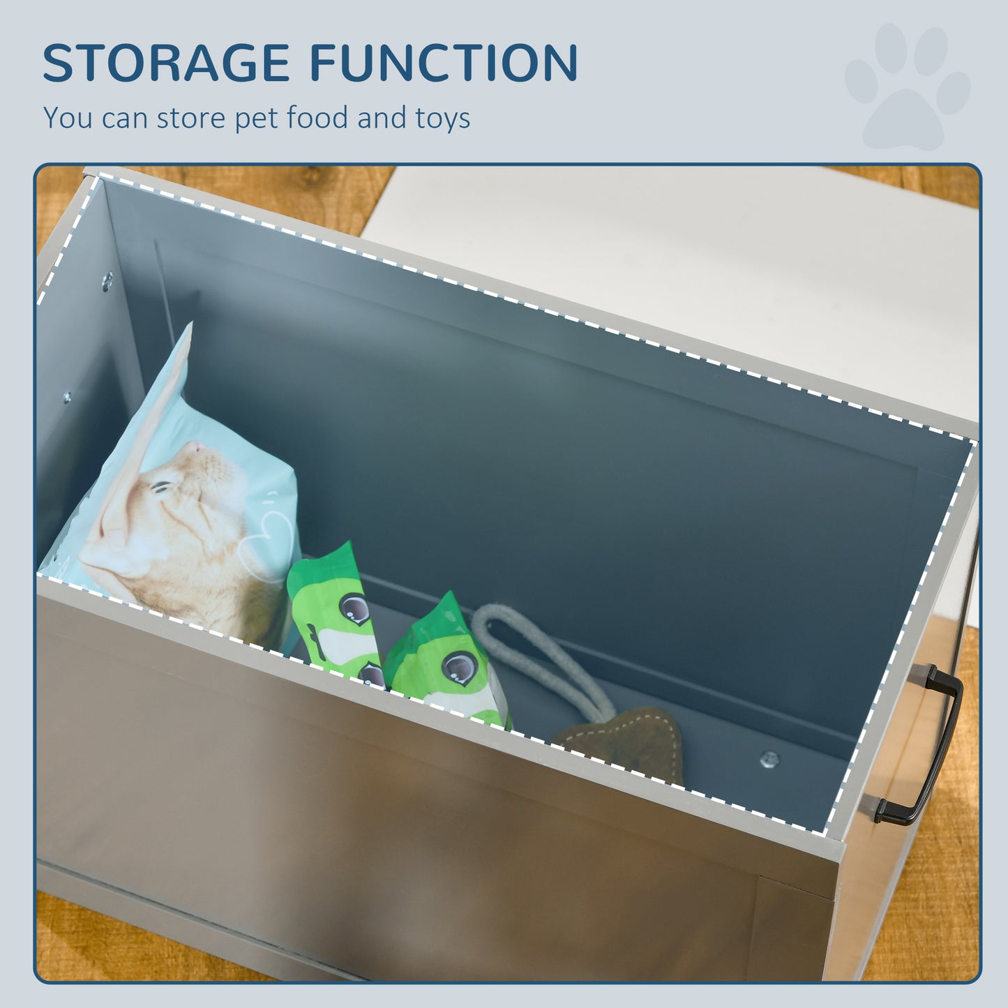 Gray pet toy storage chest with food bag and toys inside