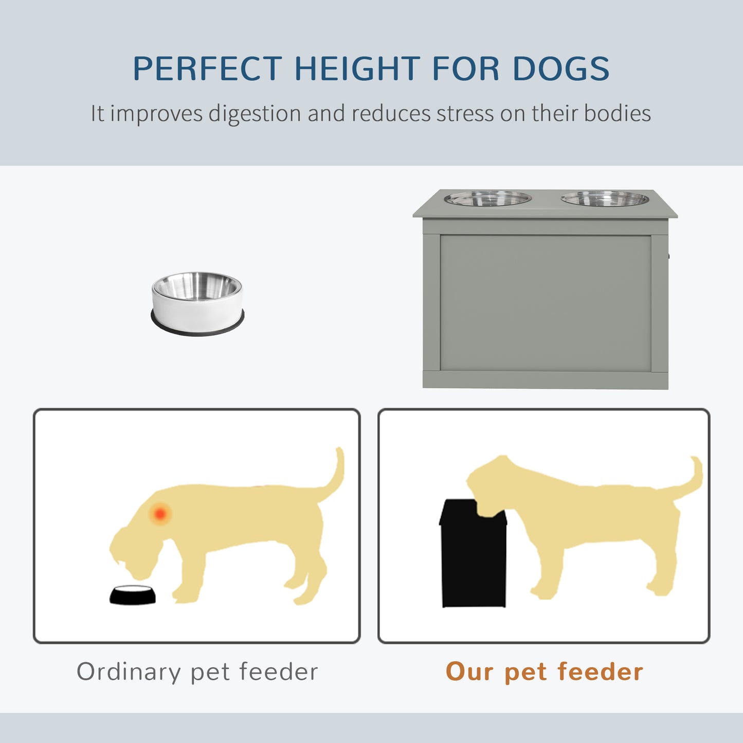 Gray wooden elevated dog feeder with two stainless steel bowls