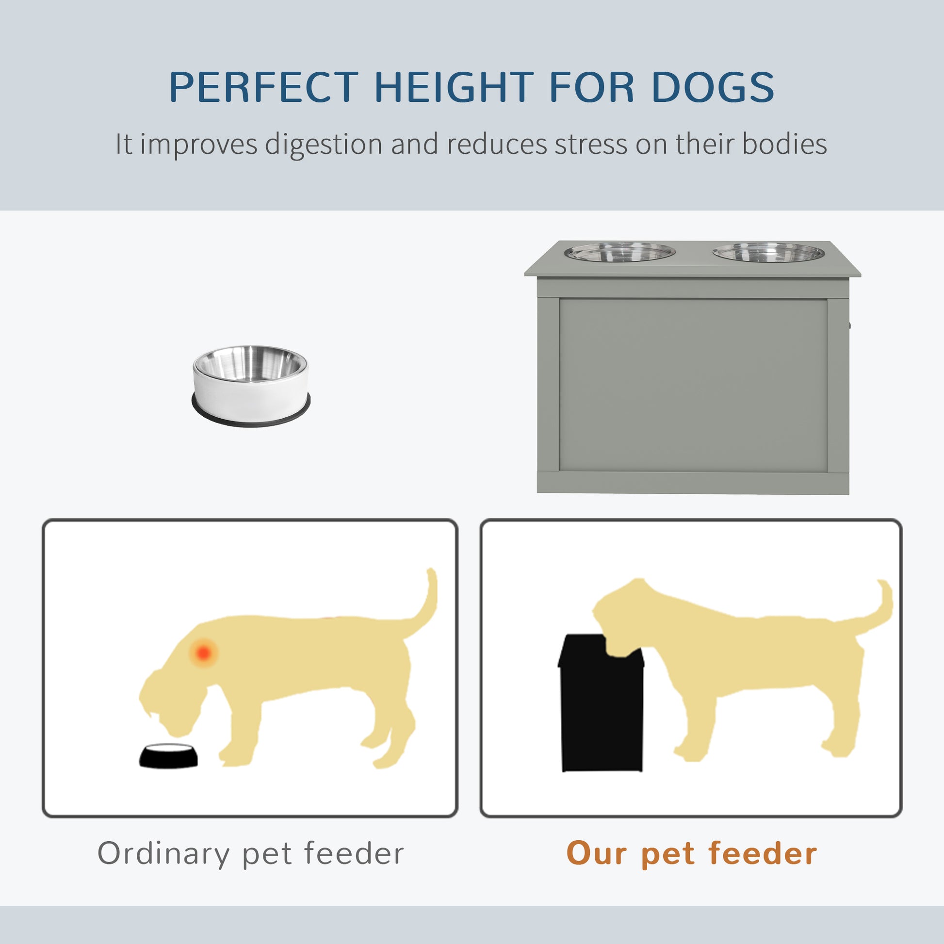 Gray wooden elevated dog feeder with two stainless steel bowls
