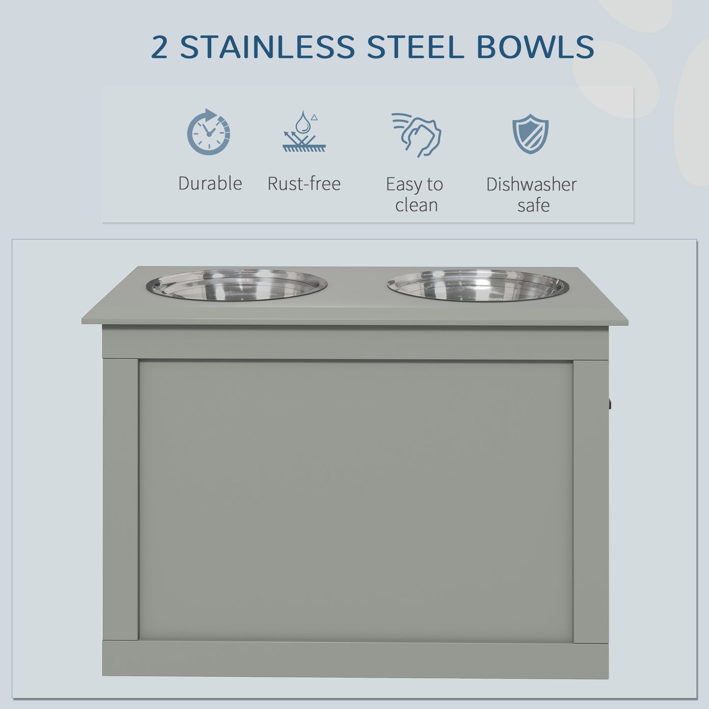 Grey modern dog food bowl stand with two stainless steel bowls