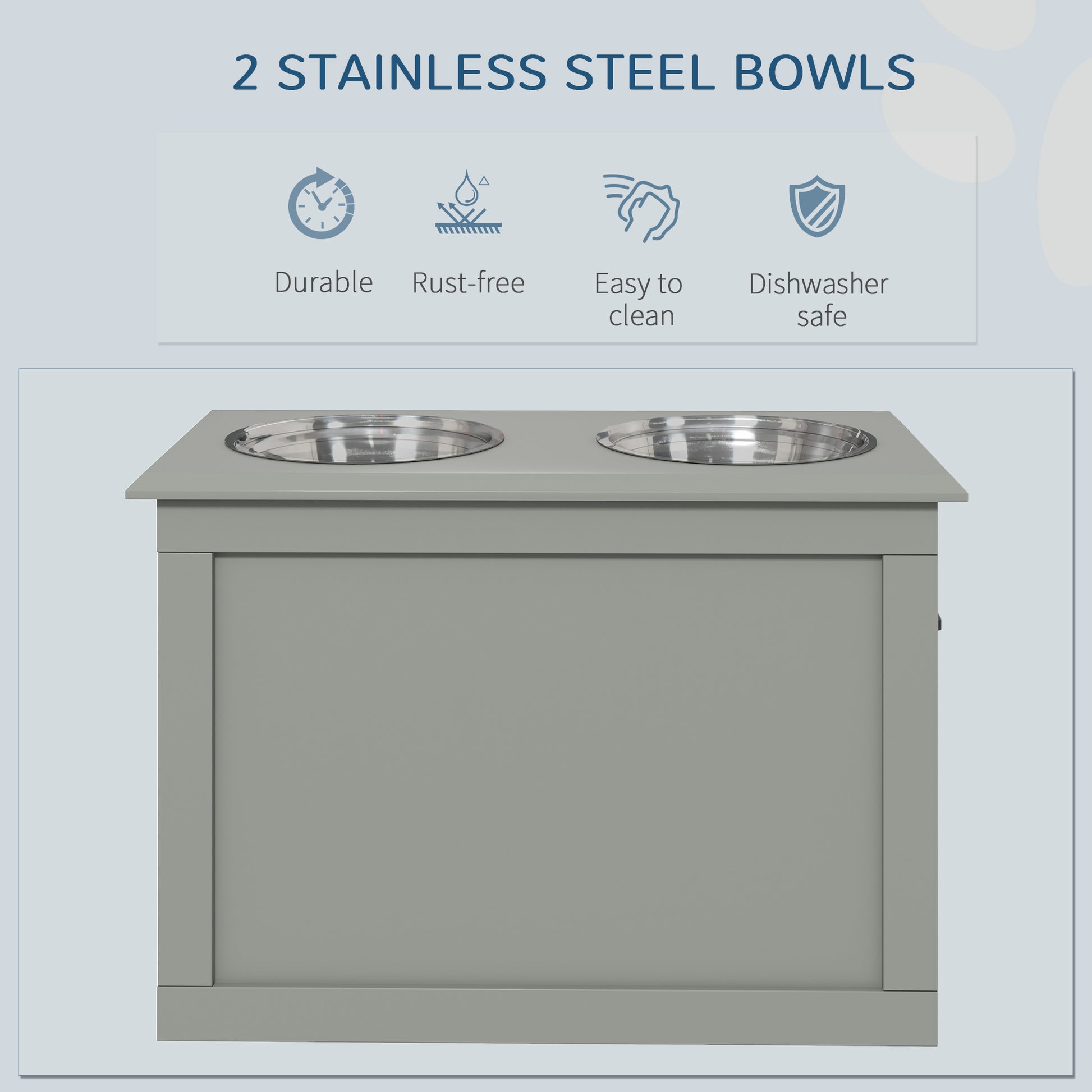 Grey modern dog food bowl stand with two stainless steel bowls