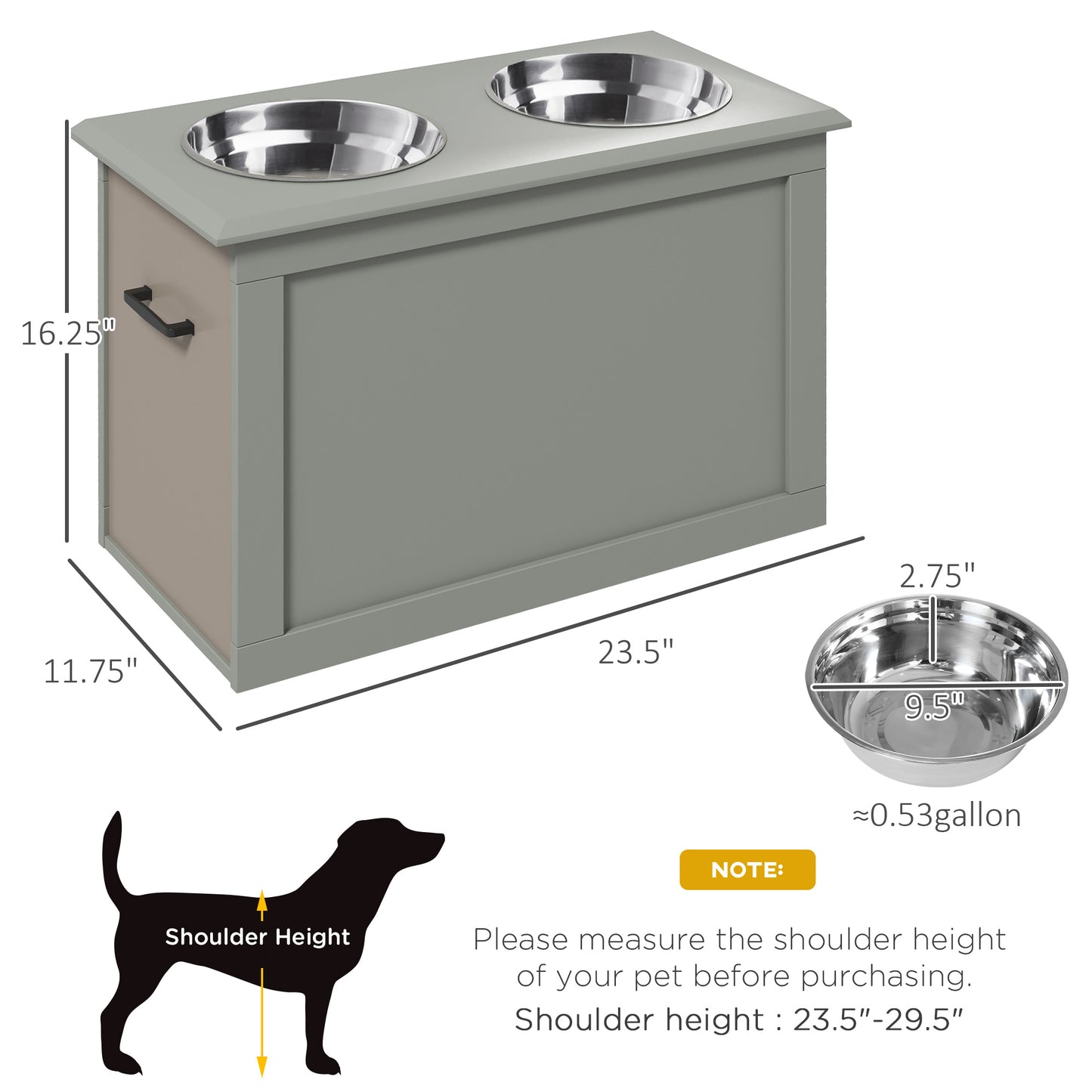 Gray elevated dog feeder with two stainless steel bowls  W
