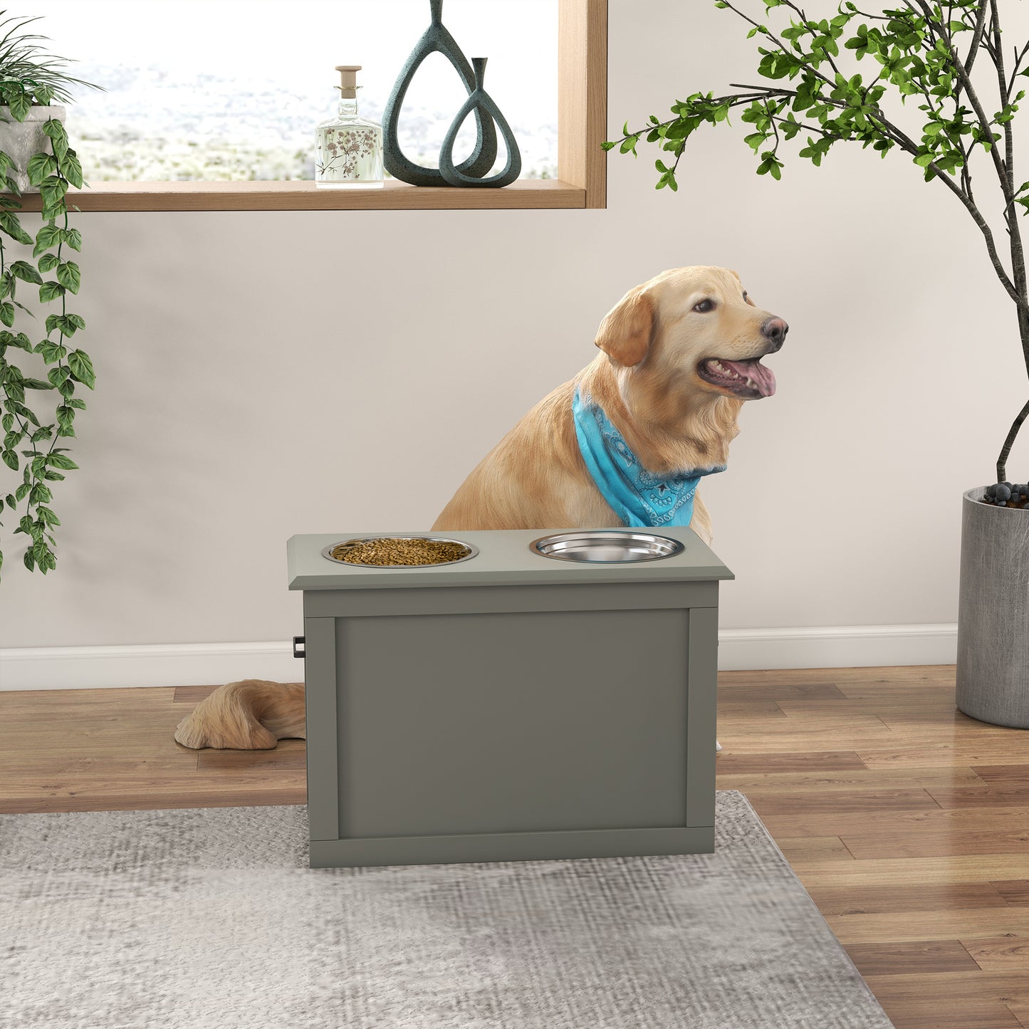 Modern grey raised dog feeder with stainless steel bowls and golden retriever wearing bandana
