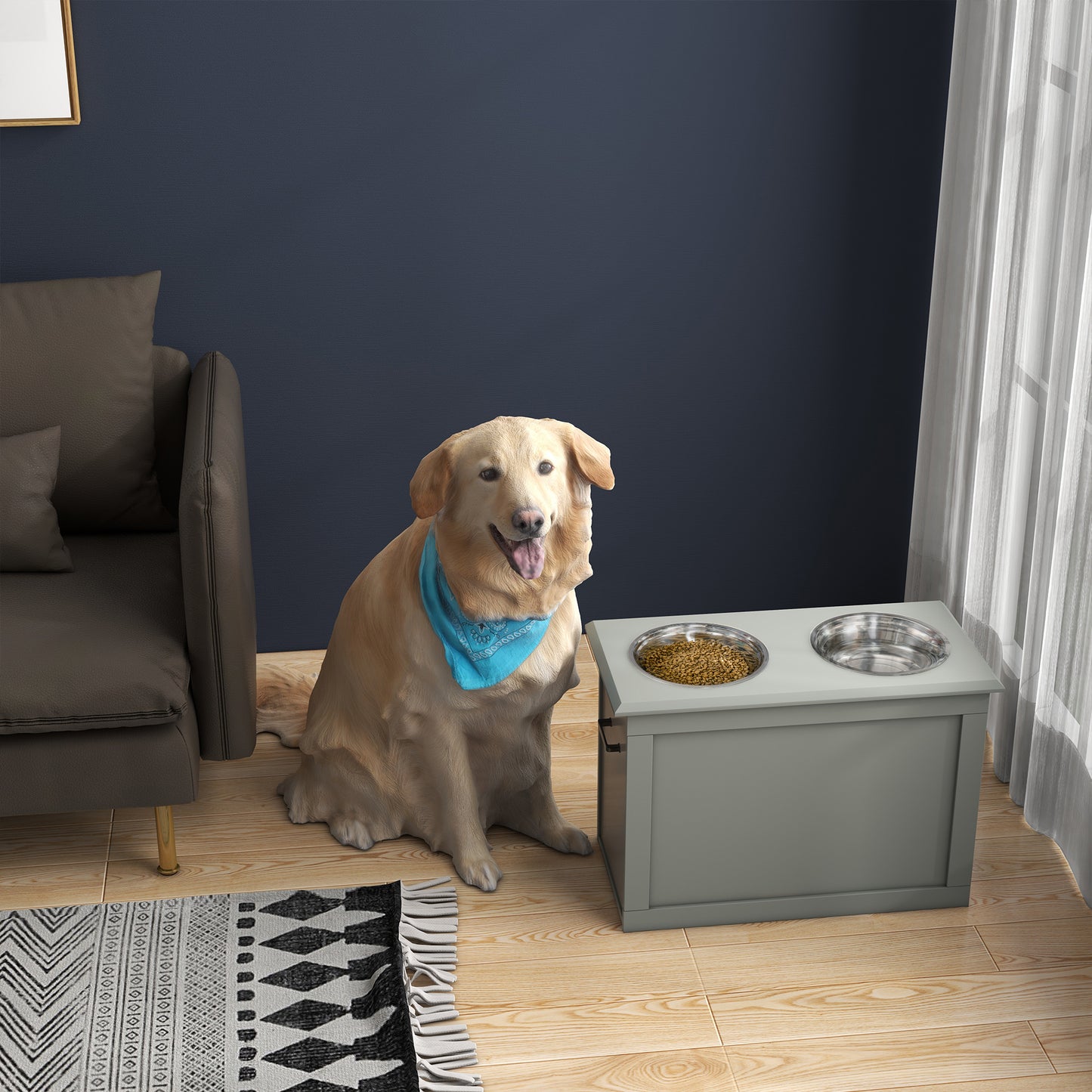Elevated gray pet feeder with two stainless steel bowls one filled with kibble