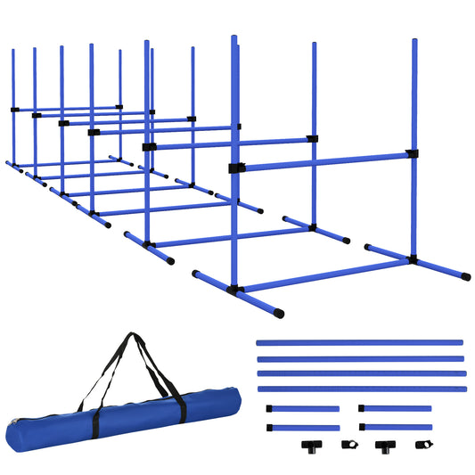 Blue adjustable dog agility training poles with black connectors includes carrying bag