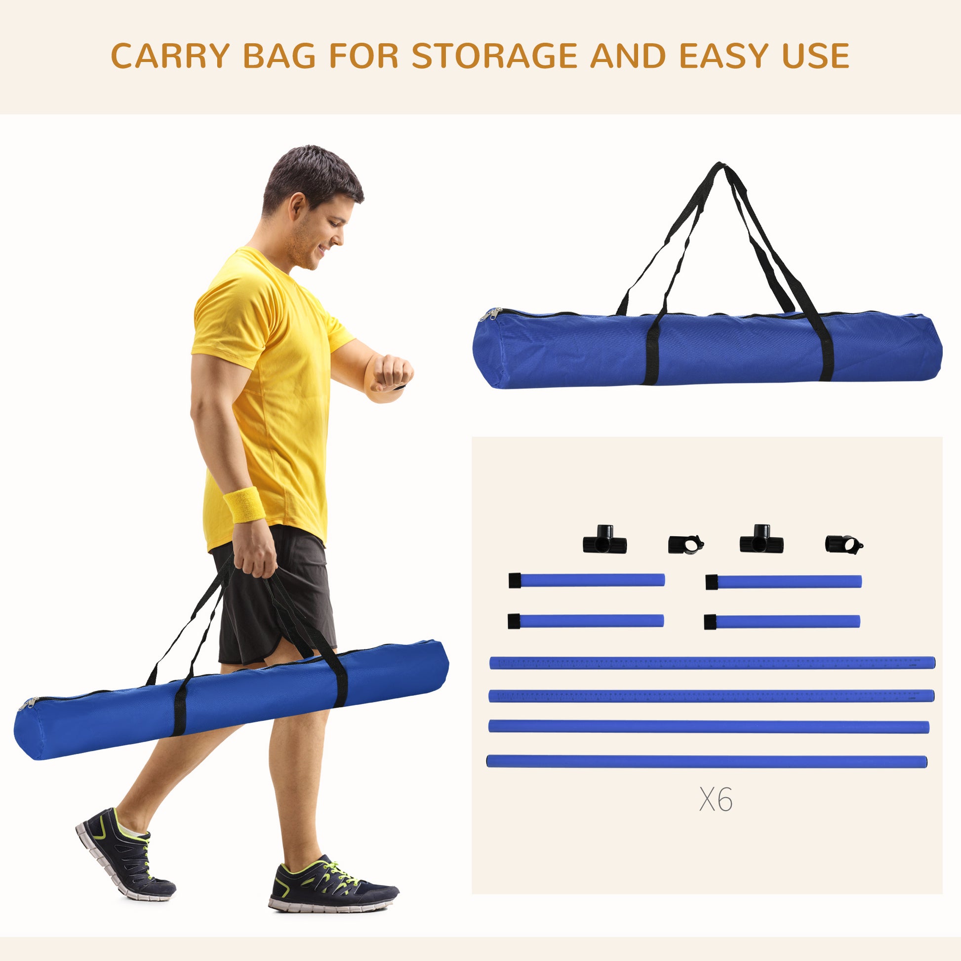 Blue cylindrical carry bag with black straps for storage