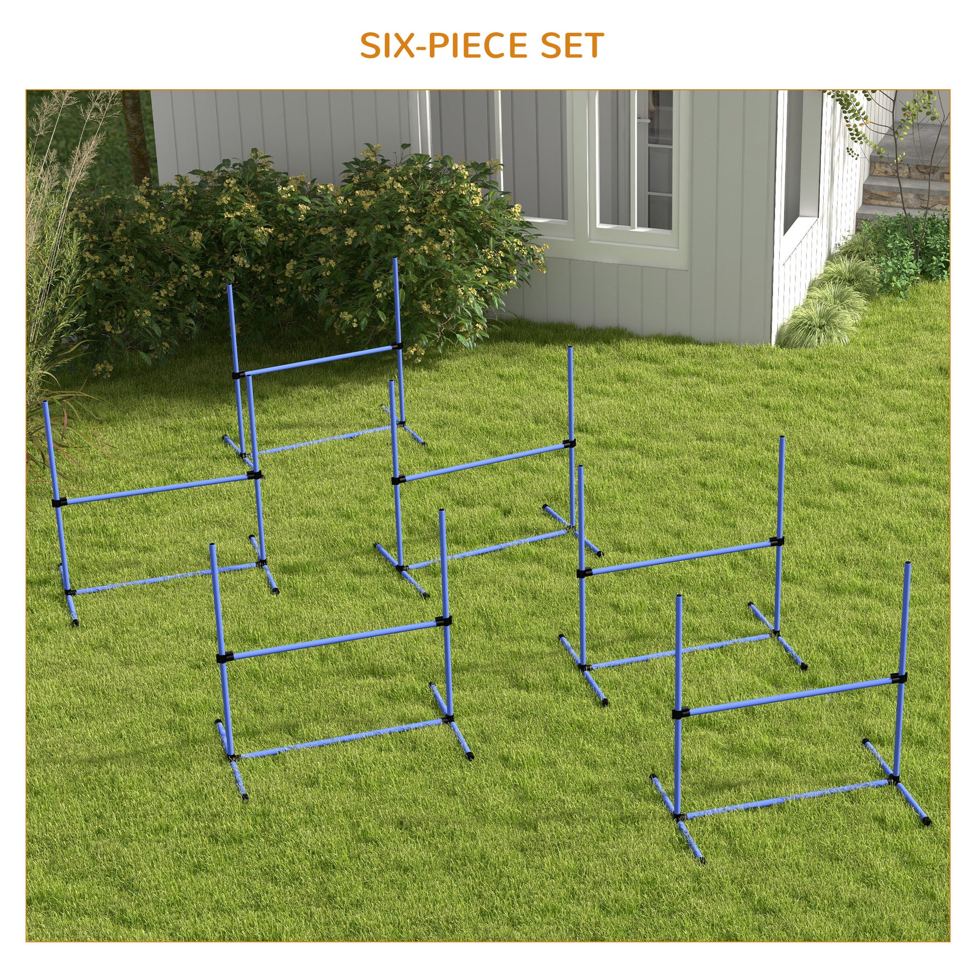 Six blue metal dog agility hurdles set up on a grassy lawn