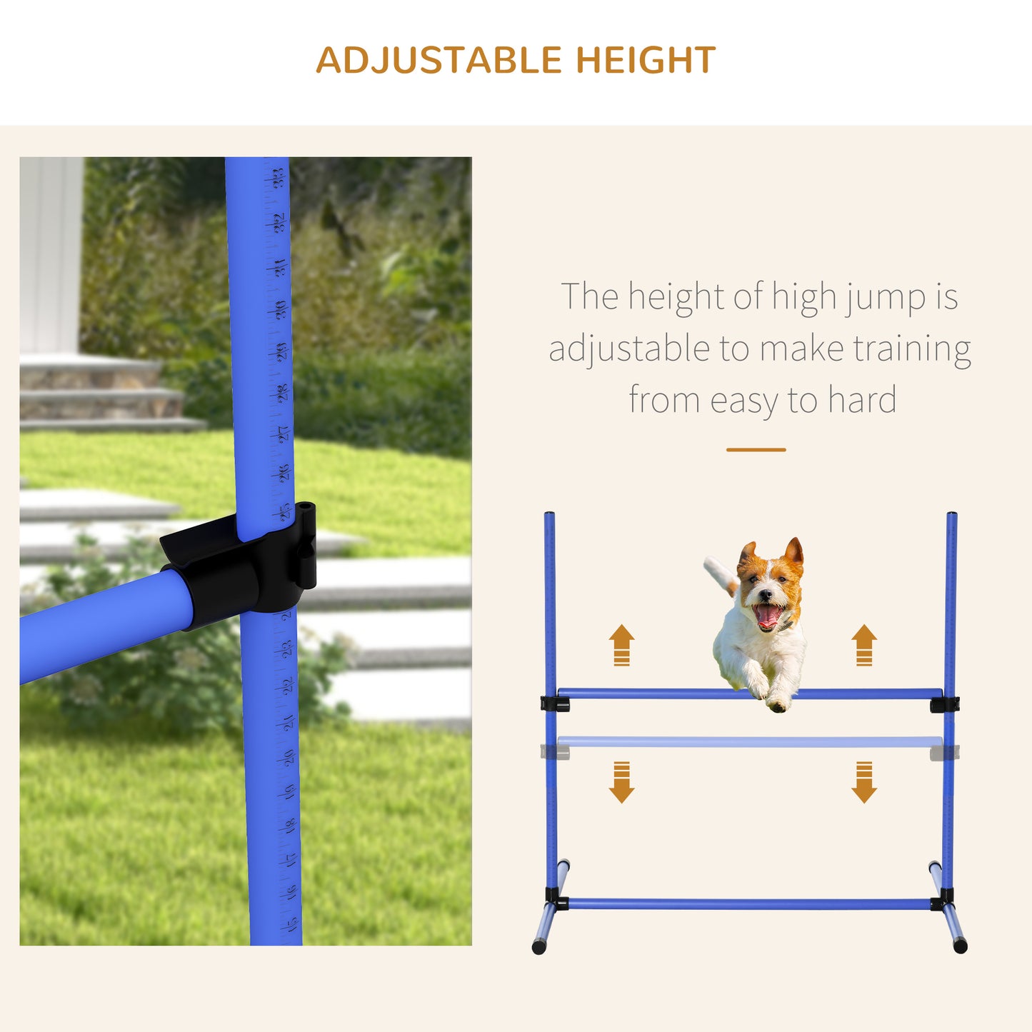 Blue adjustable dog agility jump bar with height markings for training exercises