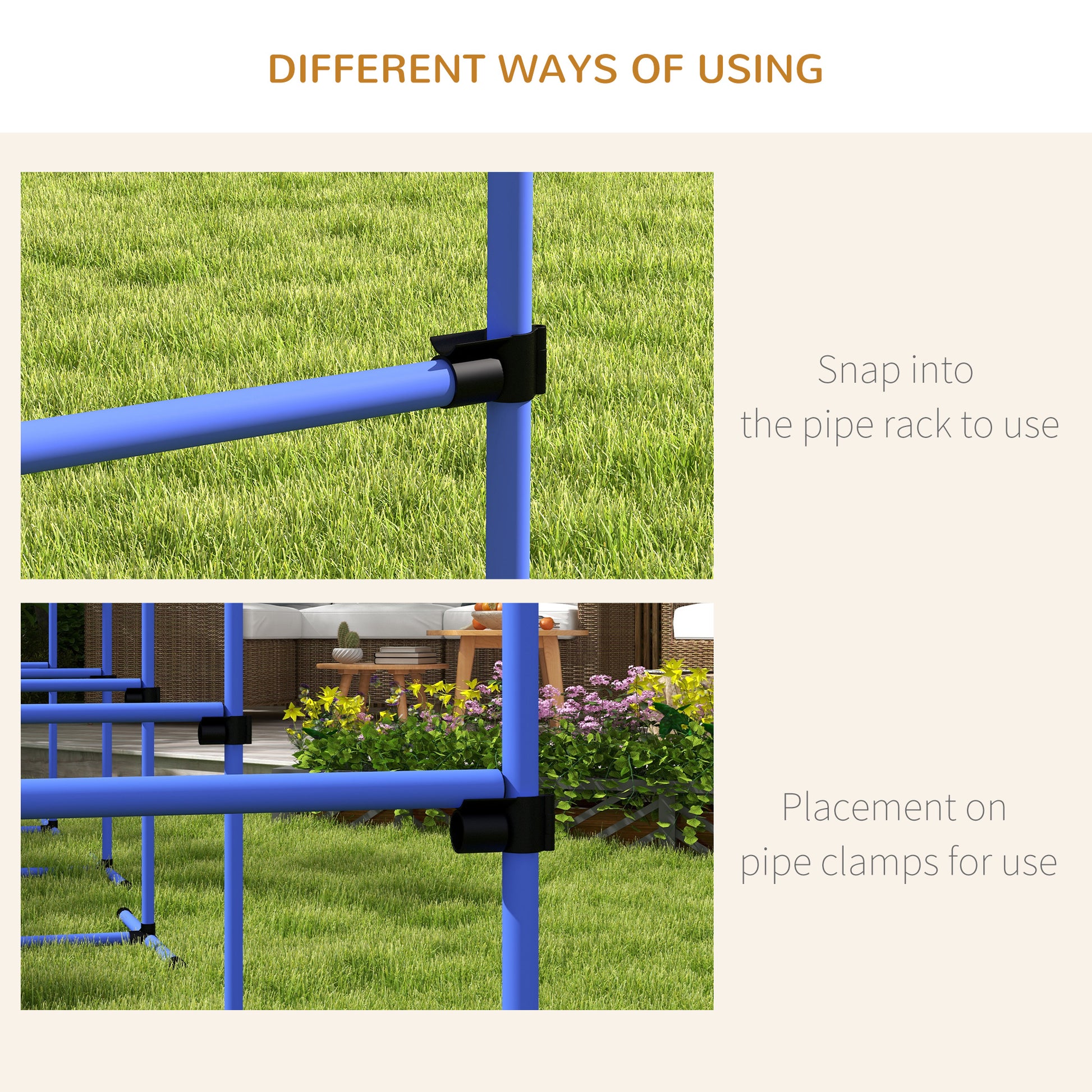 Blue PVC pipe connector snapping into a vertical pipe for garden structure assembly
