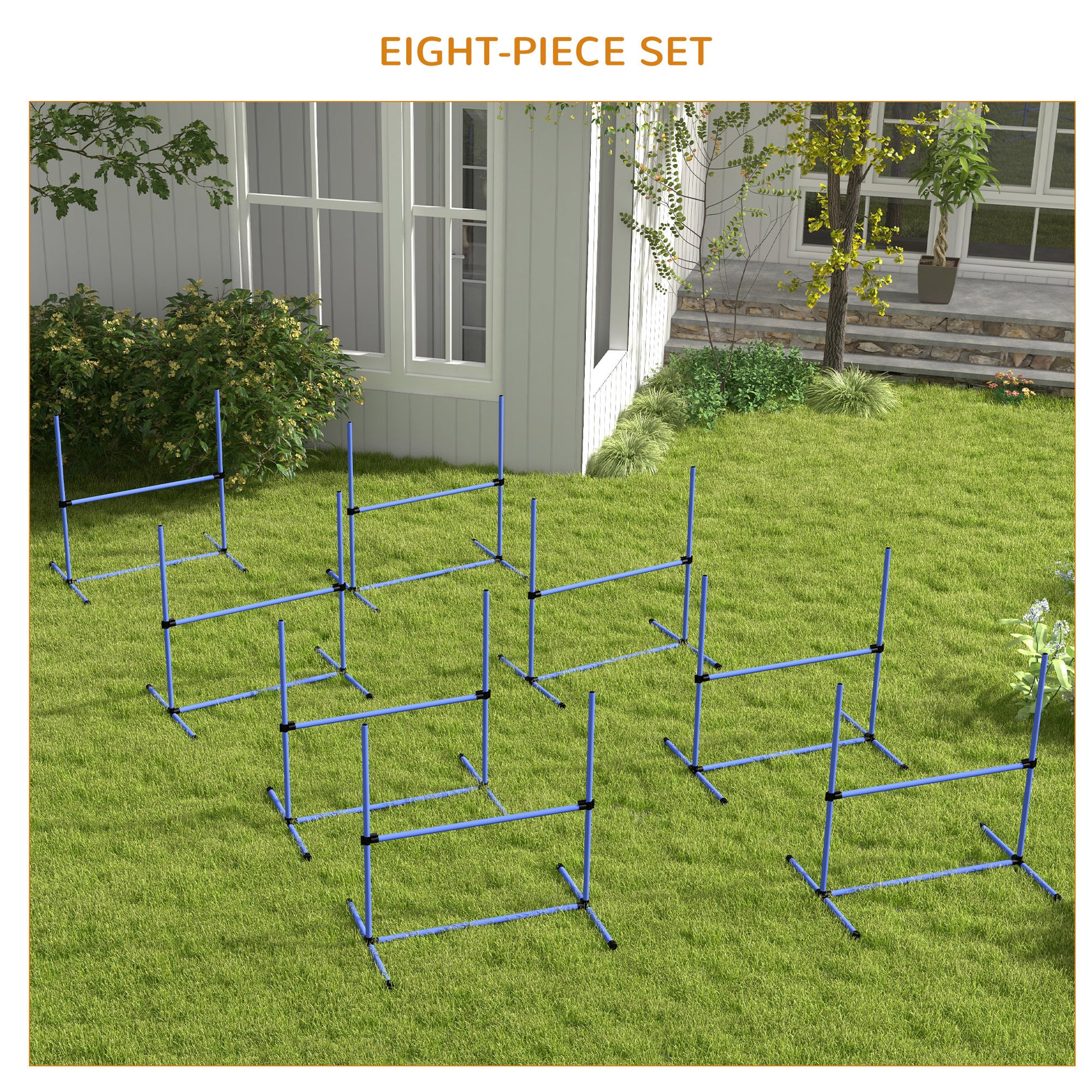Set of  blue metal dog agility jumps on a green lawn