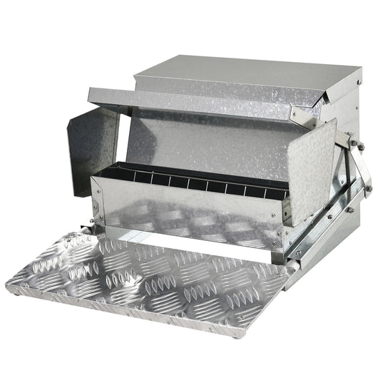 Galvanized steel automatic chicken feeder with tiered feeding trough for outdoor use