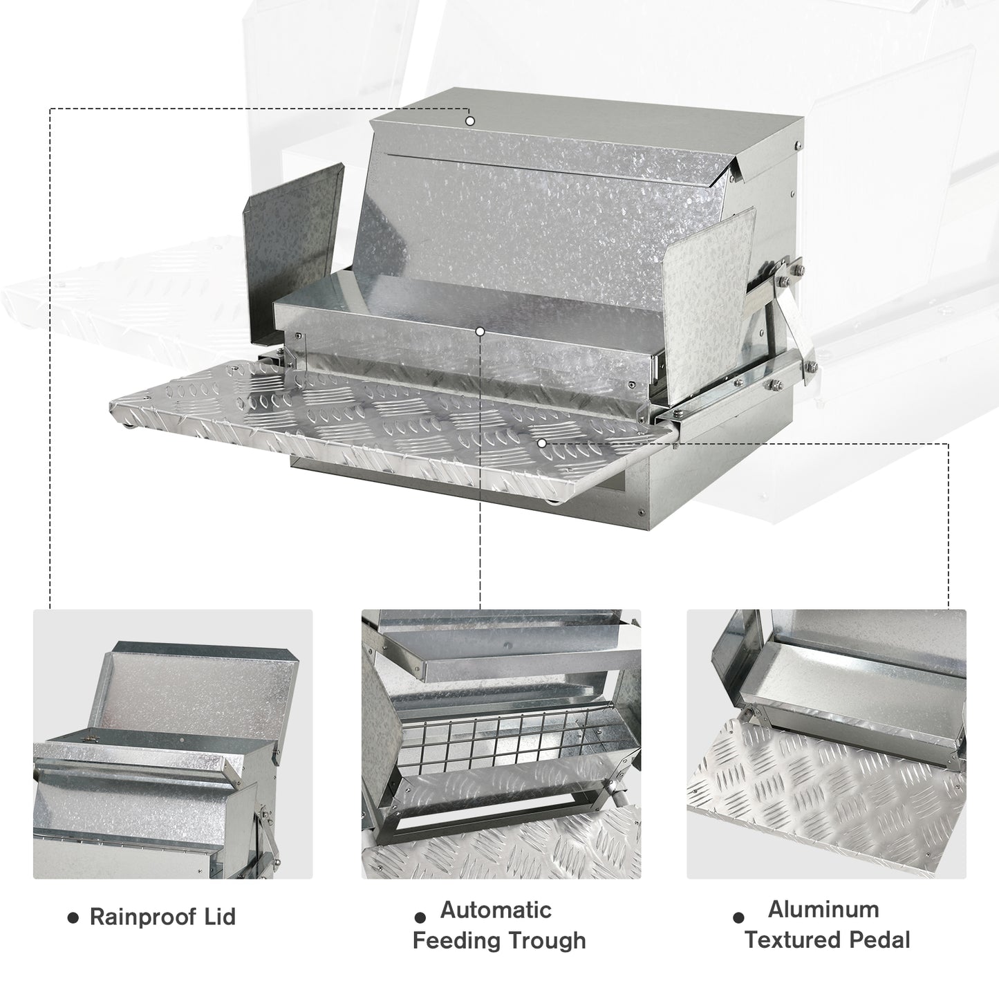 Galvanized steel automatic feeder with rainproof lid for livestock