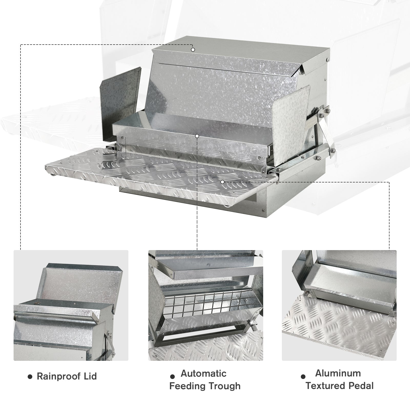 Galvanized steel automatic feeder with rainproof lid for livestock