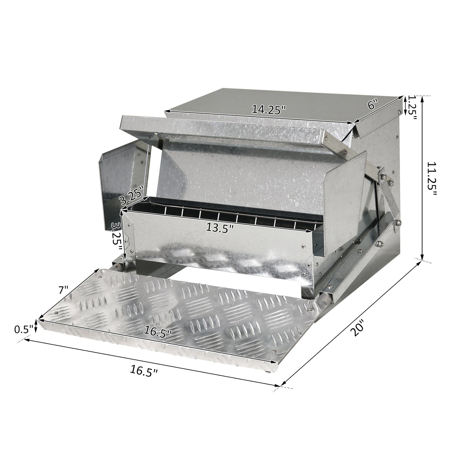 Galvanized steel chicken feeder with adjustable lid and textured step for easy access