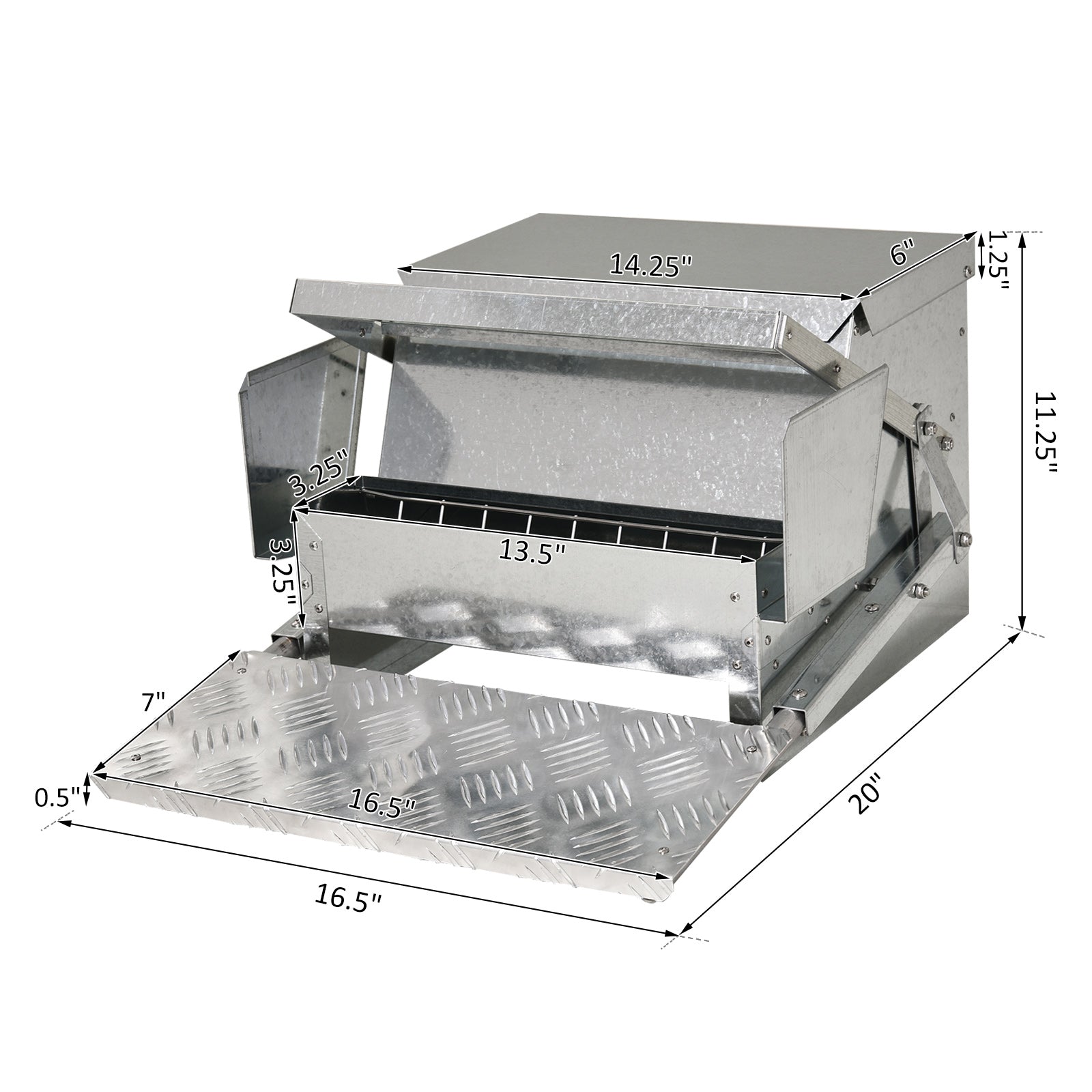 Galvanized steel chicken feeder with adjustable lid and textured step for easy access