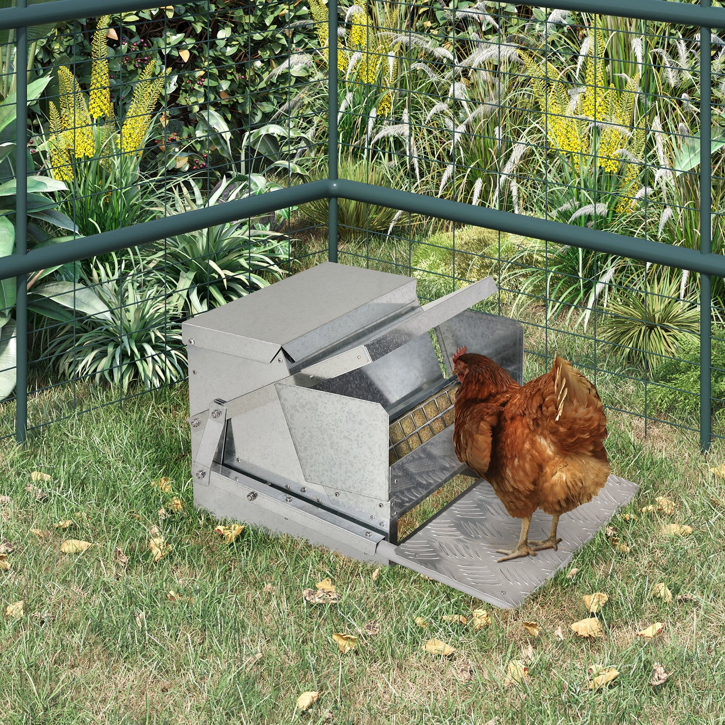 Galvanized steel automatic chicken feeder with a brown hen feeding from it