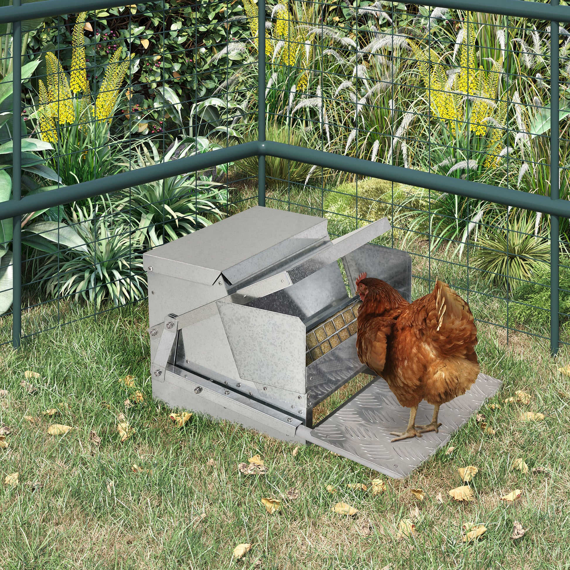 Galvanized steel automatic chicken feeder with a brown hen feeding from it
