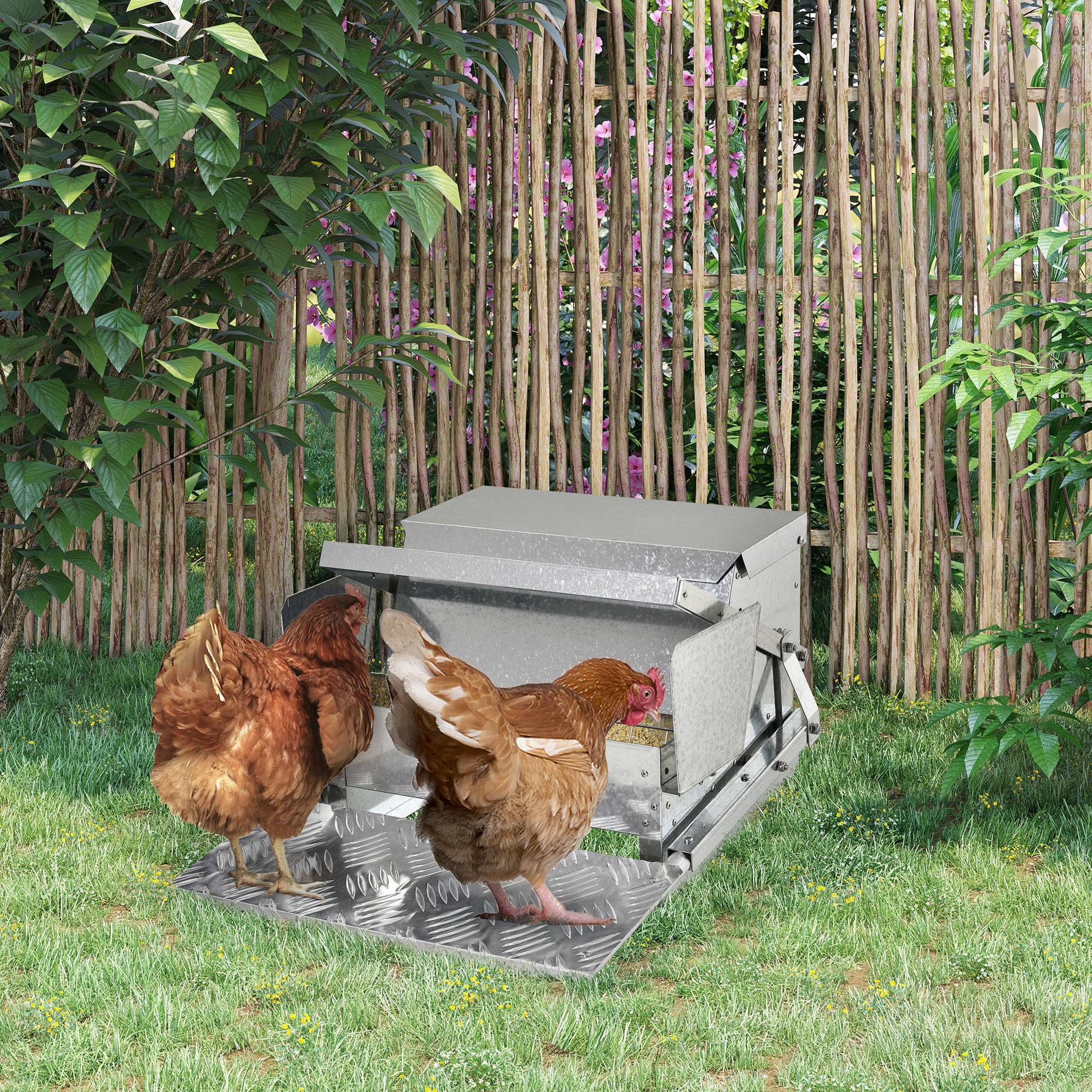 Galvanized steel automatic chicken feeder with dual feeding ports for backyard flocks