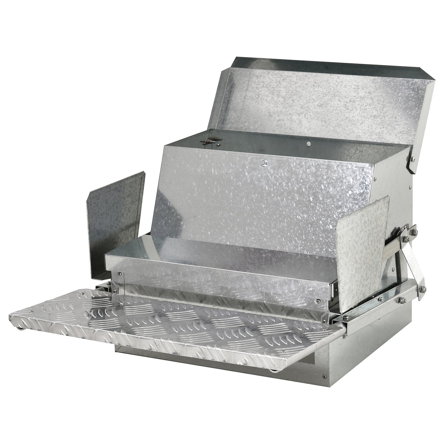 Galvanized steel automatic chicken feeder with adjustable feed levels and treadle access