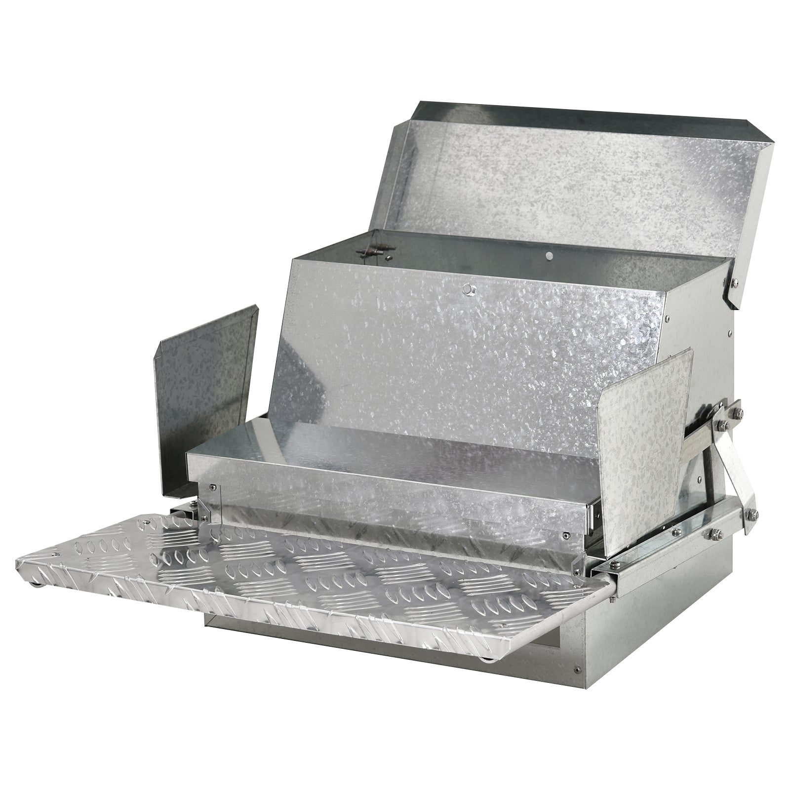 Galvanized steel automatic chicken feeder with adjustable feed levels and treadle access