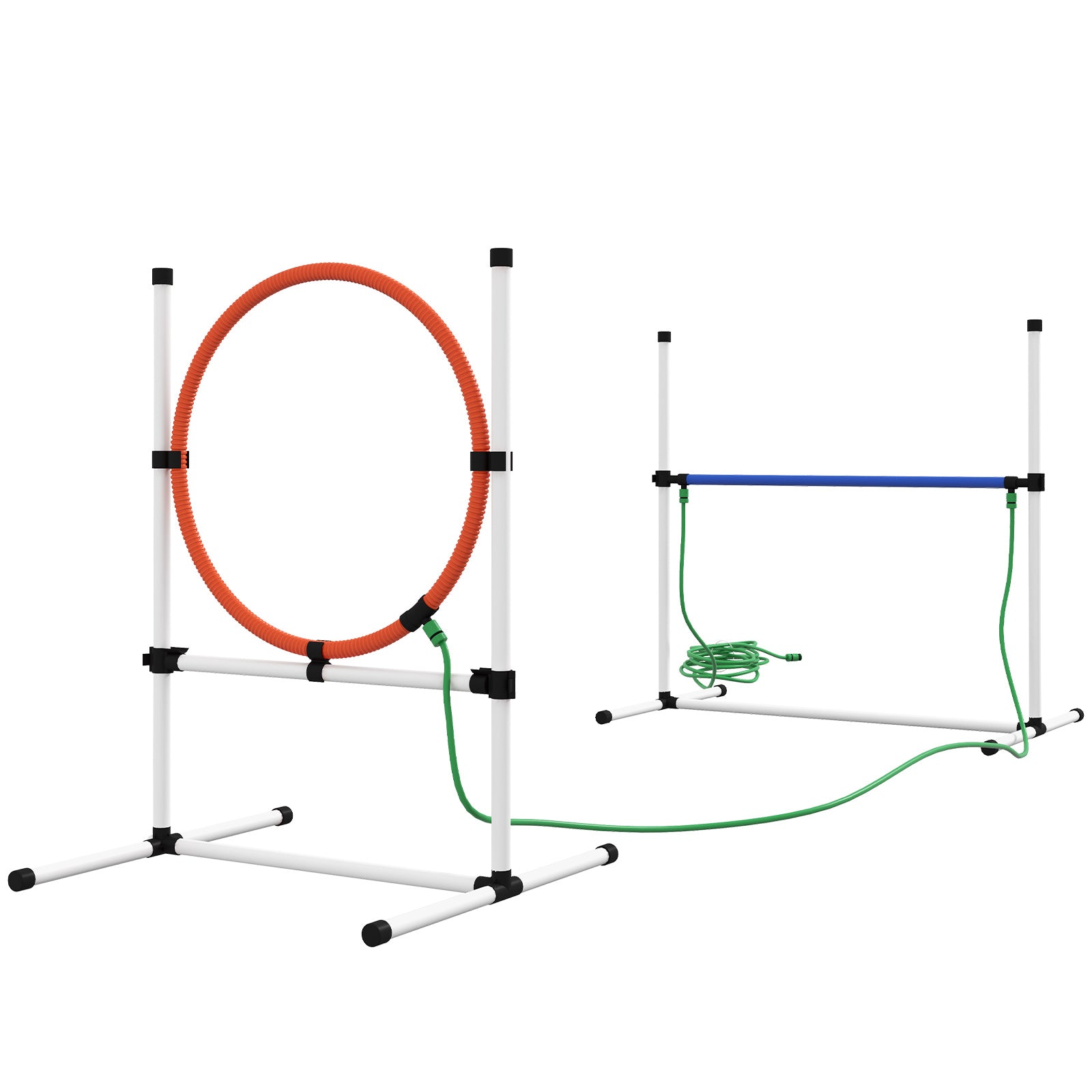 Orange agility jump hoop with white supports and green hose attachment