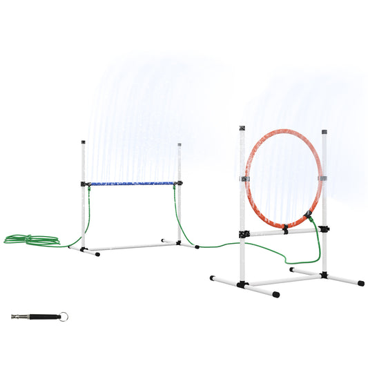 Adjustable dog agility jump set with a blue bar and an orange hoop featuring sprinklers