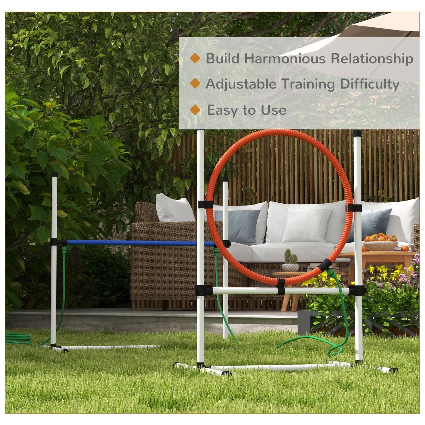 Dog agility jump and weave pole set with orange hoop set up on grass