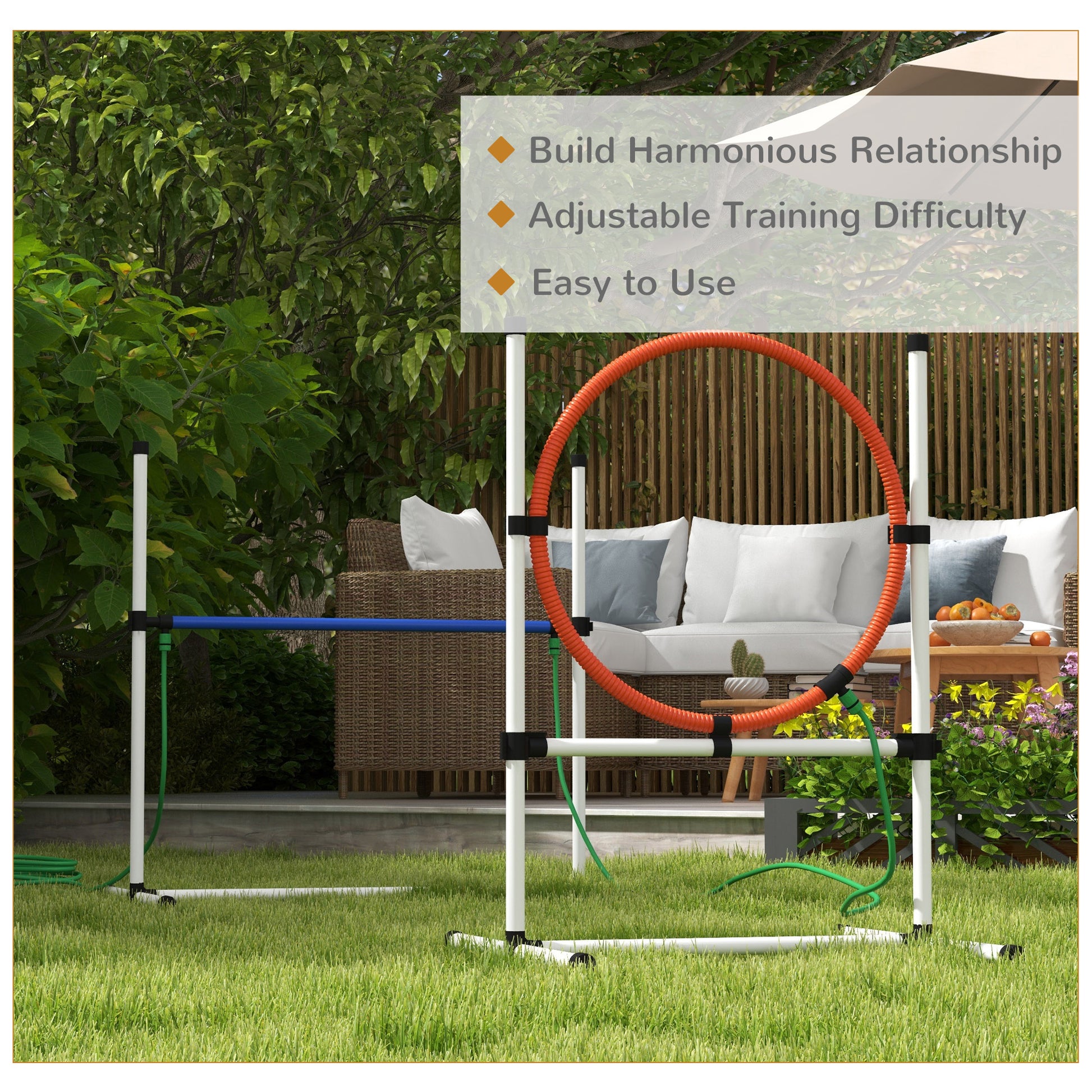 Dog agility jump and weave pole set with orange hoop set up on grass