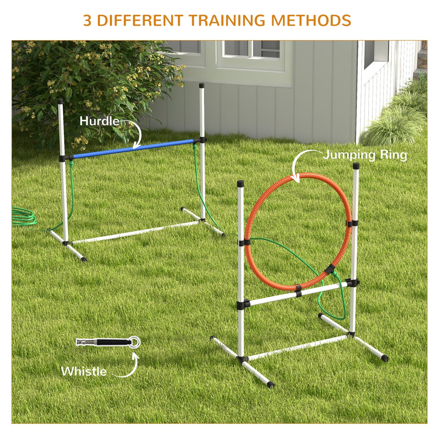 Adjustable dog agility hurdle with blue bar designed for outdoor training sessions